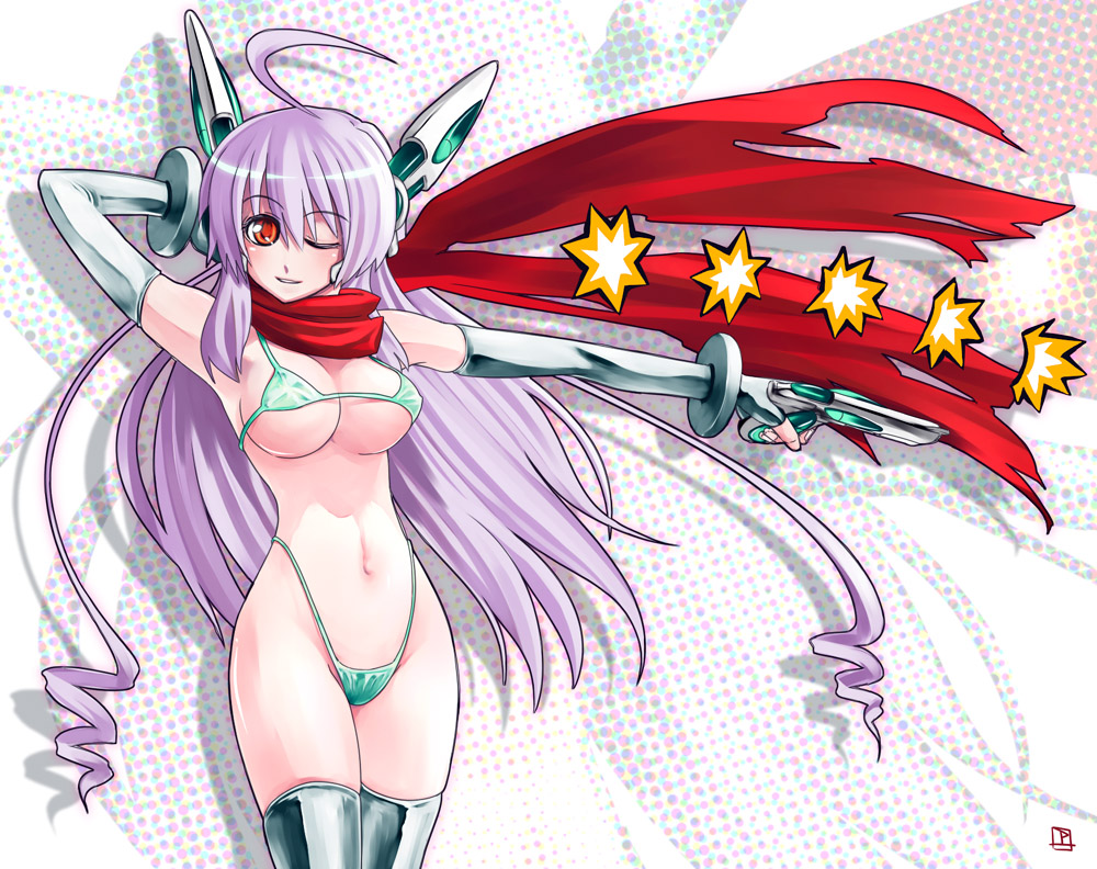 weshika, lala poplip pipiruno pipiru paparemmo, comic aun, 1girl, ahoge, bikini, elbow gloves, female focus, gloves, gun, handgun, highleg, highleg bikini, long hair, navel, one eye closed, orange eyes, pistol, purple hair, robot ears, scarf, solo, swimsuit, thighhighs, weapon, wink