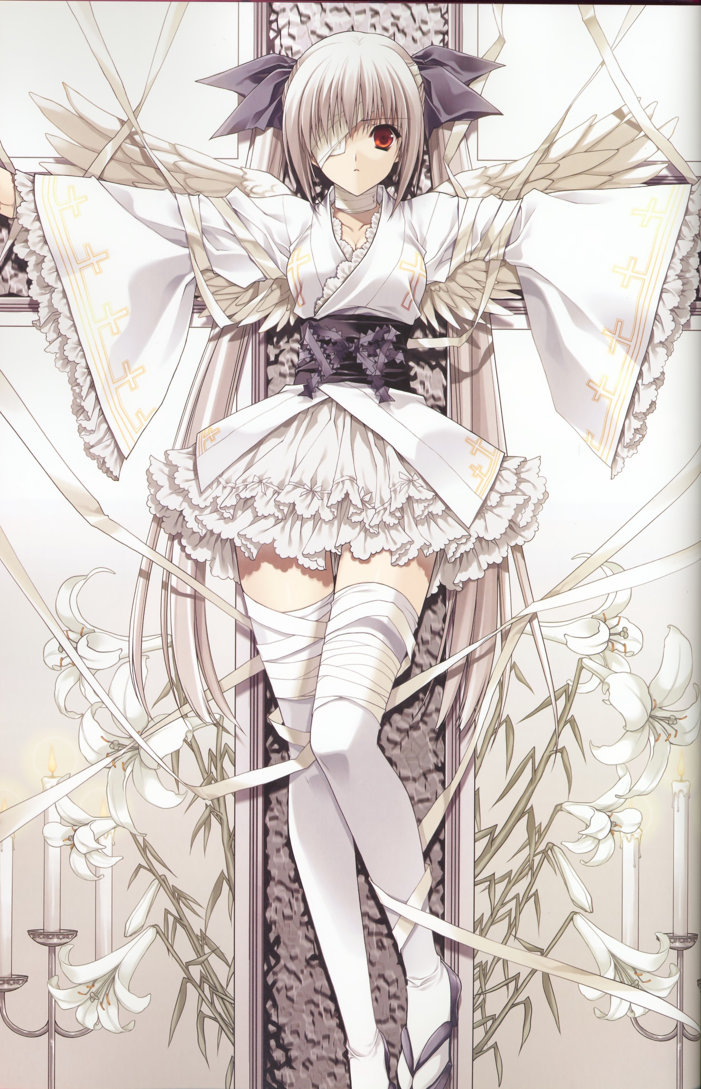 suzuhira hiro, silver hair, absurdres, highres, reference work, scan, 1girl, albino, angel, angel wings, bandage over one eye, bandages, cross, crucifixion, dress, eyepatch, female focus, flower, high heels, japanese clothes, lolita fashion, long hair, obi, red eyes, sandals, sash, shoes, short hair, skirt, solo, thighhighs, wa lolita, white thighhighs, wings