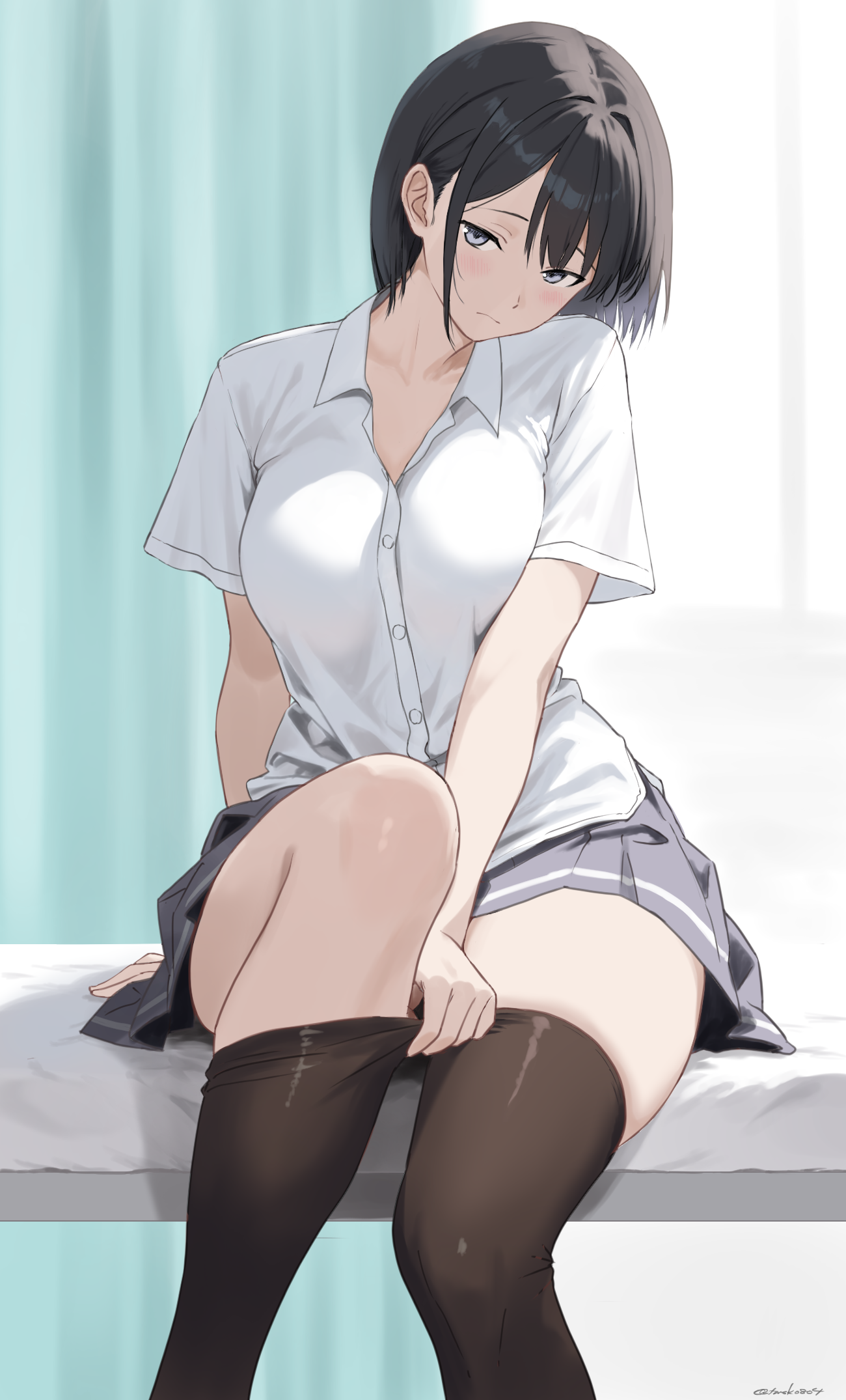 tamesuke, original, highres, 1girl, black hair, black thighhighs, blush, breasts, closed mouth, collarbone, collared shirt, curtains, grey eyes, grey skirt, indoors, large breasts, looking at viewer, pleated skirt, school uniform, shirt, short hair, short sleeves, sidelocks, sitting, skirt, solo, thighhighs, thighs, white shirt, window