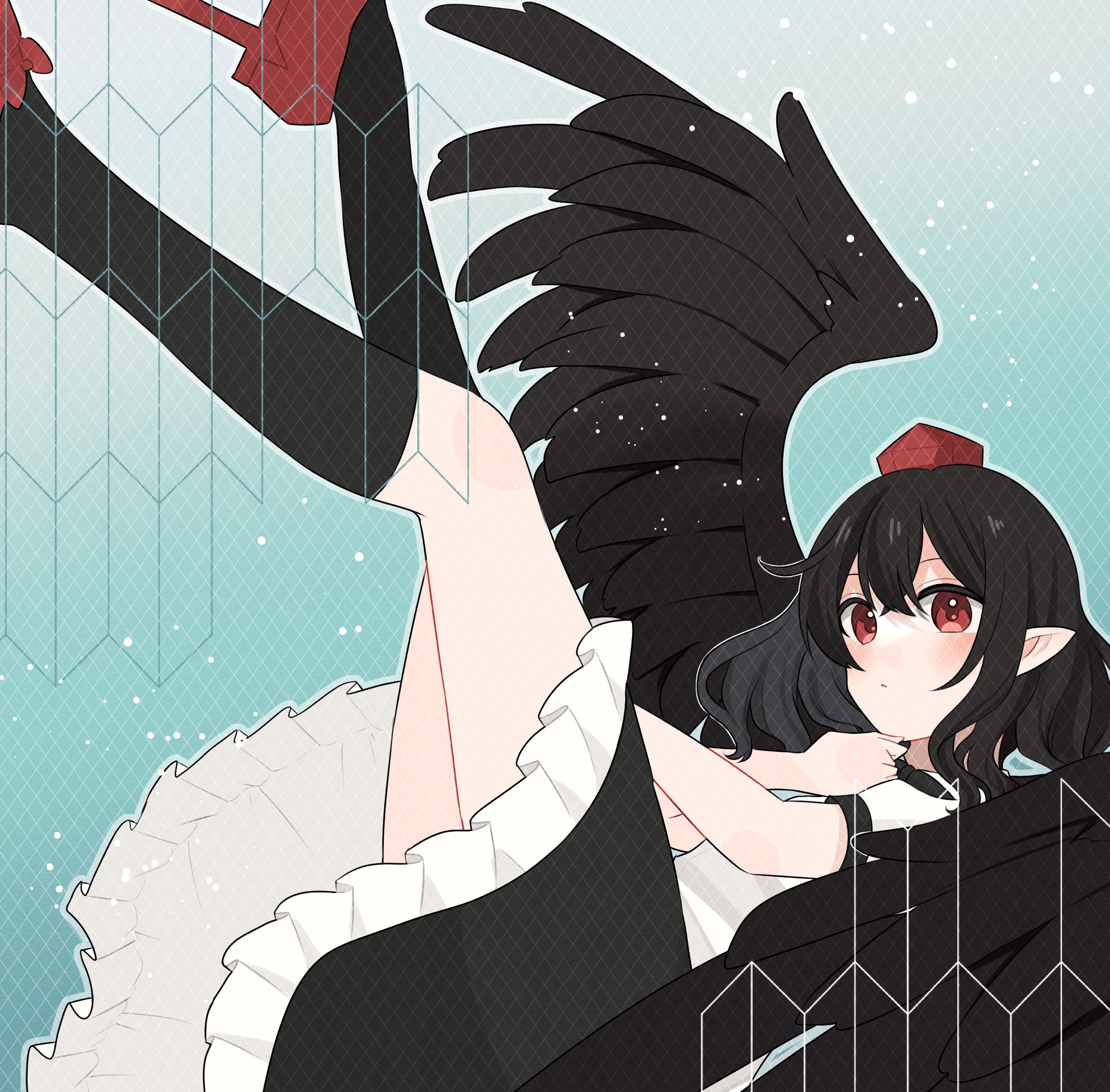 asumi276, shameimaru aya, touhou, commentary request, highres, 1girl, bird girl, bird wings, black hair, black ribbon, black skirt, black socks, blue background, crossed arms, crossed bangs, double-parted bangs, floating clothes, frilled skirt, frills, geta, gradient background, grid, hair between eyes, hat, kneehighs, legs up, light blush, light particles, looking at viewer, medium hair, neck ribbon, parted lips, pointy ears, red eyes, red hat, red shoes, ribbon, shirt, shoes, short sleeves, sitting, skirt, socks, solo, tengu-geta, tokin hat, white background, white shirt, wings, yagasuri