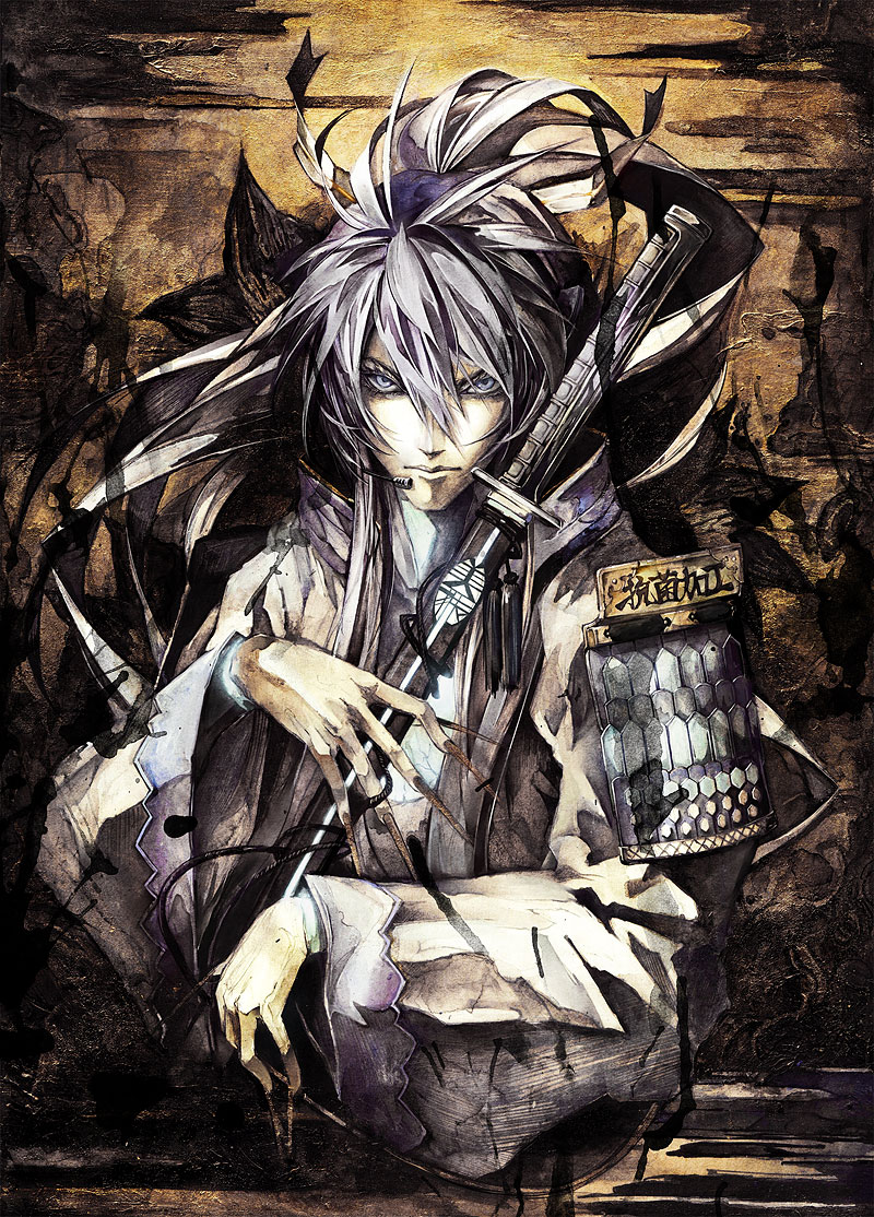 banpai akira, kamui gakupo, vocaloid, bad id, bad pixiv id, 1boy, headset, long hair, male focus, microphone, purple hair, solo, sword, upper body, weapon