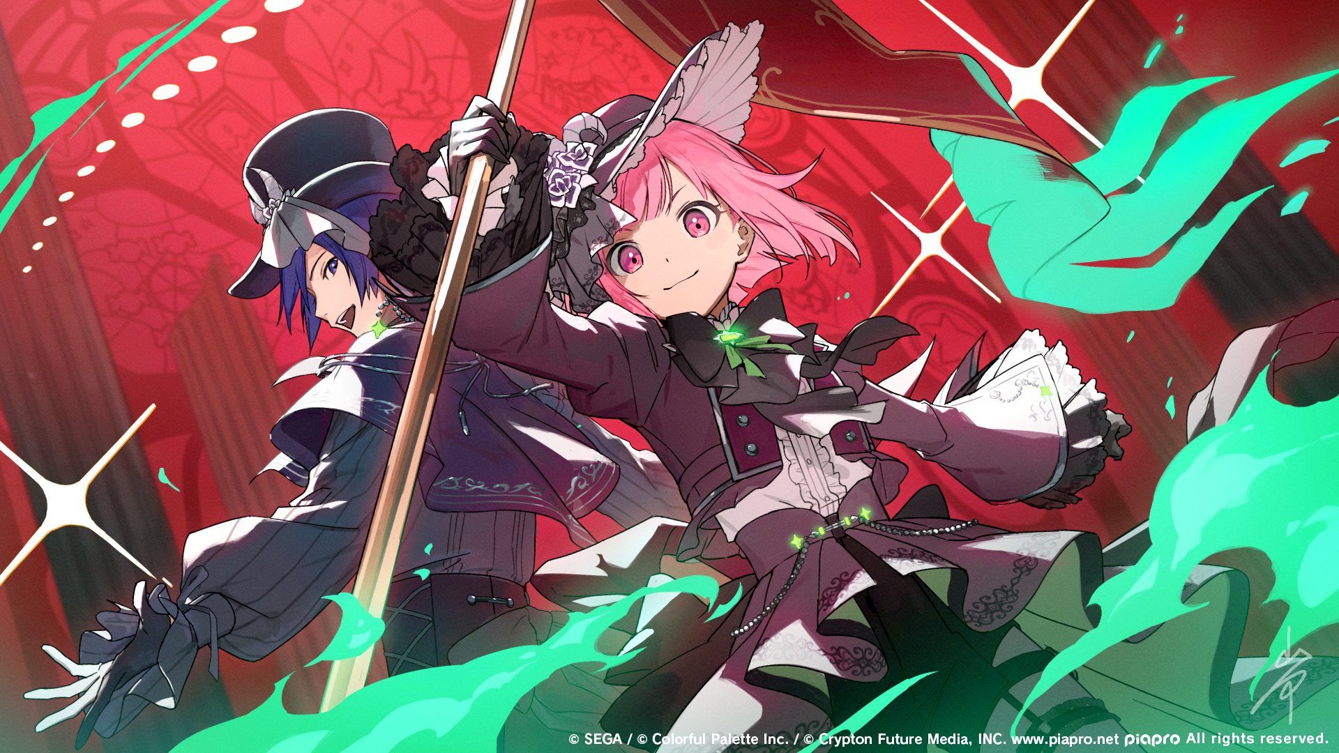 iwato1712, kaito (vocaloid), ootori emu, wonderlands x showtime kaito, project sekai, vocaloid, commentary request, highres, official art, second-party source, 1boy, 1girl, :d, black gloves, black hat, black shirt, black shorts, blue eyes, blue hair, center frills, choices for the future (project sekai), countdown illustration, cropped jacket, flower, frills, gloves, guest art, hat, hat flower, holding, jacket, looking at viewer, official alternate costume, open clothes, open jacket, open mouth, pink eyes, pink hair, purple hat, purple jacket, purple skirt, shirt, shorts, shorts under skirt, signature, skirt, smile, teeth, upper teeth only, white gloves, white shirt