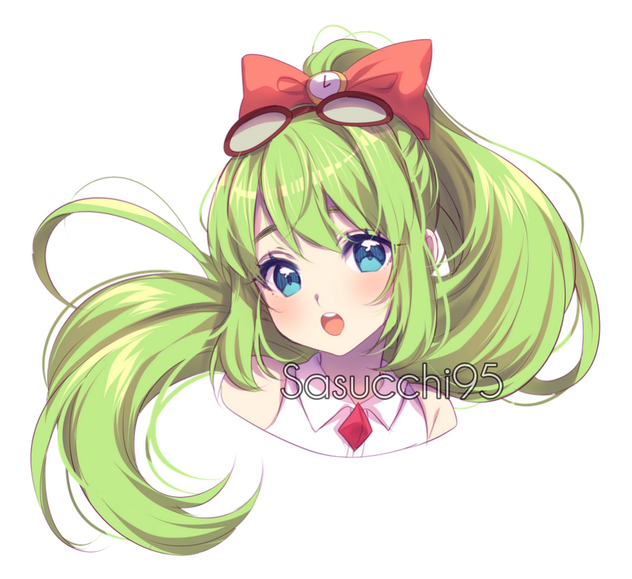 sasucchi95, original, commentary, commission, english commentary, highres, 1girl, :o, artist name, bare shoulders, blue eyes, blush, bow, collared shirt, cropped shoulders, double-parted bangs, eyebrows hidden by hair, eyewear on head, glasses, green hair, hair between eyes, hair bow, high ponytail, long hair, looking at viewer, open mouth, ponytail, raised eyebrows, red-framed eyewear, red bow, shirt, sidelocks, simple background, sleeveless, sleeveless shirt, solo, teeth, tongue, upper teeth only, very long hair, white background, white shirt