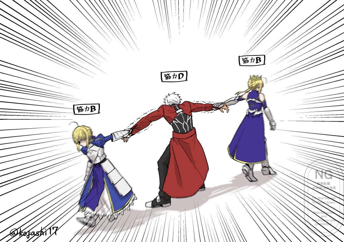 kogashi17, archer (fate), artoria pendragon (fate), artoria pendragon (lancer) (fate), saber (fate), fate/grand order, fate (series), 1boy, 2girls, armor, armored dress, artist name, blonde hair, blue dress, coat, dress, grabbing another's arm, multiple girls, red coat, signature, twitter username, watermark, white hair