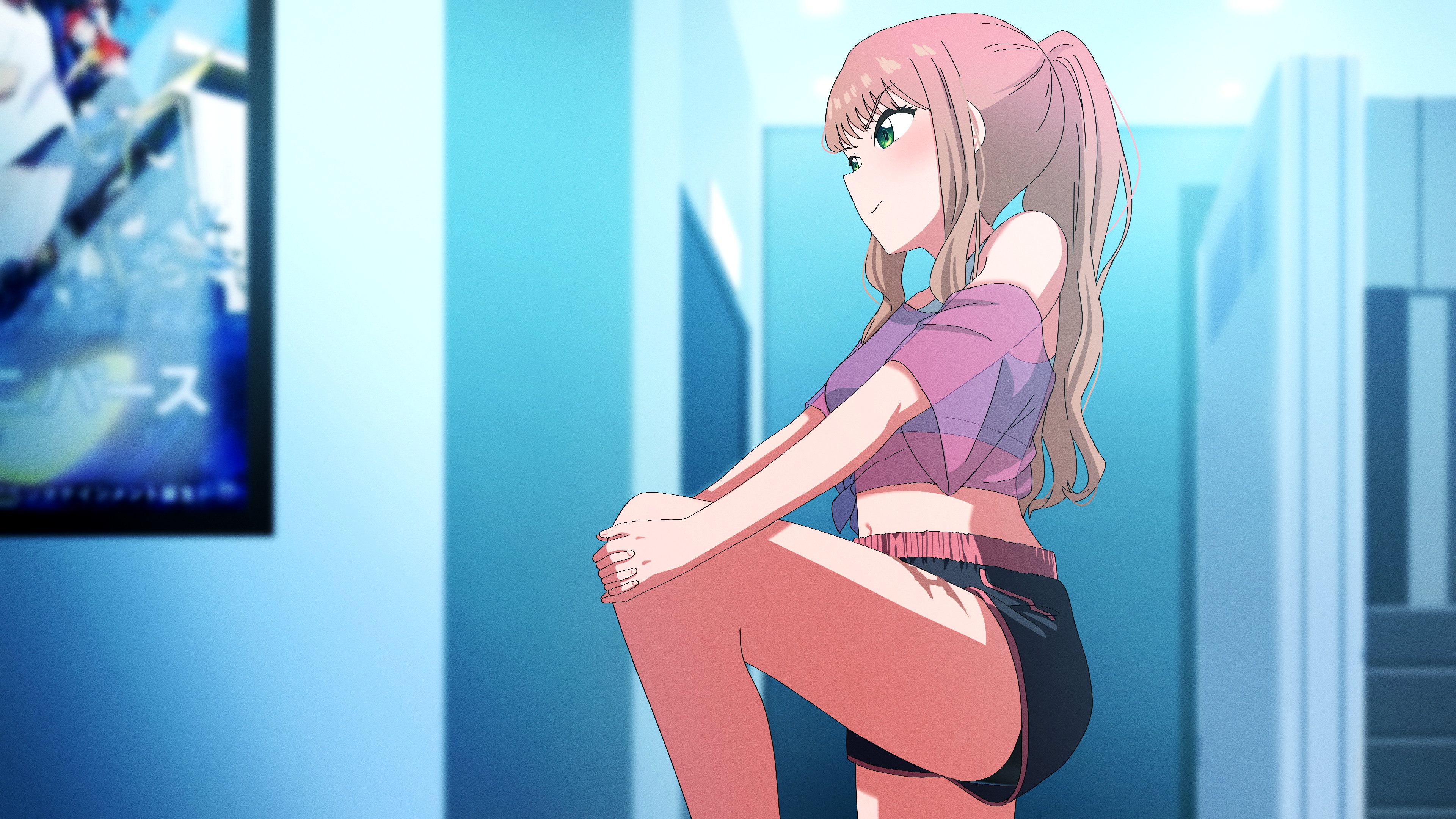 banana88, minami yume, gridman universe, ssss.dynazenon, absurdres, highres, 1girl, bike shorts, black shorts, blue sports bra, blurry, blurry background, blush, breasts, brown hair, exercising, green eyes, hands on own knees, long hair, midriff, navel, off-shoulder shirt, off shoulder, pink shirt, ponytail, poster (object), see-through clothes, see-through shirt, shirt, shorts, sports bra, tank top
