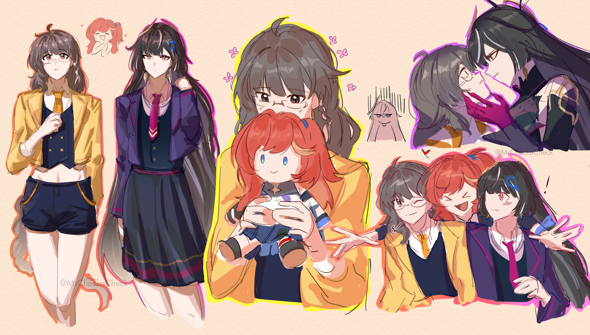 mscheckacheck, entropy (honkai impact 3rd), female dreamseeker (honkai impact), leylah (honkai impact), senadina, honkai (series), honkai impact 3rd, highres, > <, 3girls, :d, ahoge, alternate costume, black dress, black hair, blue eyes, blue shorts, brown eyes, character doll, crop top, cropped legs, doll, dress, glasses, grey hair, holding, holding stuffed toy, jacket, long hair, midriff, multiple girls, navel, necktie, open clothes, open jacket, open mouth, orange hair, orange outline, outline, pink outline, purple jacket, purple outline, short shorts, shorts, smile, standing, stuffed toy, very long hair, yellow jacket, yellow necktie, yellow outline