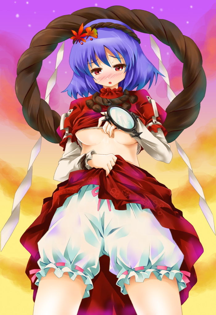 michii yuuki, yasaka kanako, touhou, bad id, bad pixiv id, 1girl, bloomers, blue hair, blush, breasts, clothes lift, dress, dress lift, female focus, hair ornament, leaf hair ornament, mirror, open mouth, red eyes, rope, shimenawa, short hair, solo, sweat, underboob, underwear, undressing, white bloomers