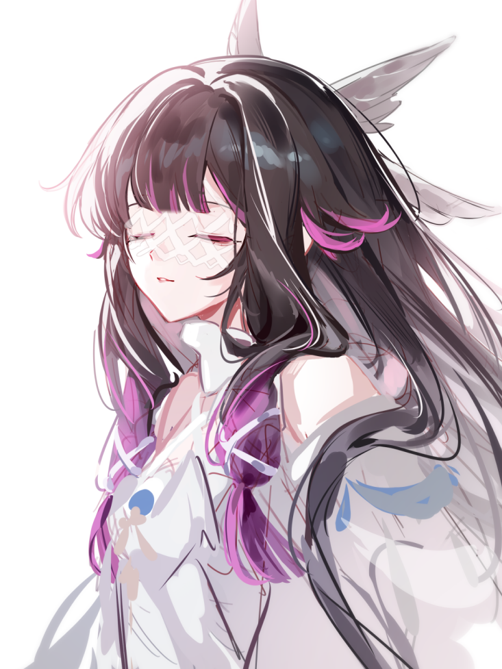 hoxino, columbina (genshin impact), genshin impact, 1girl, bare shoulders, black hair, closed eyes, detached sleeves, dress, eye mask, hair ornament, head wings, long hair, multicolored hair, multiple wings, open mouth, parted lips, pink hair, simple background, streaked hair, two-tone hair, very long hair, white background, white dress, white mask, wings, x-shaped eyewear