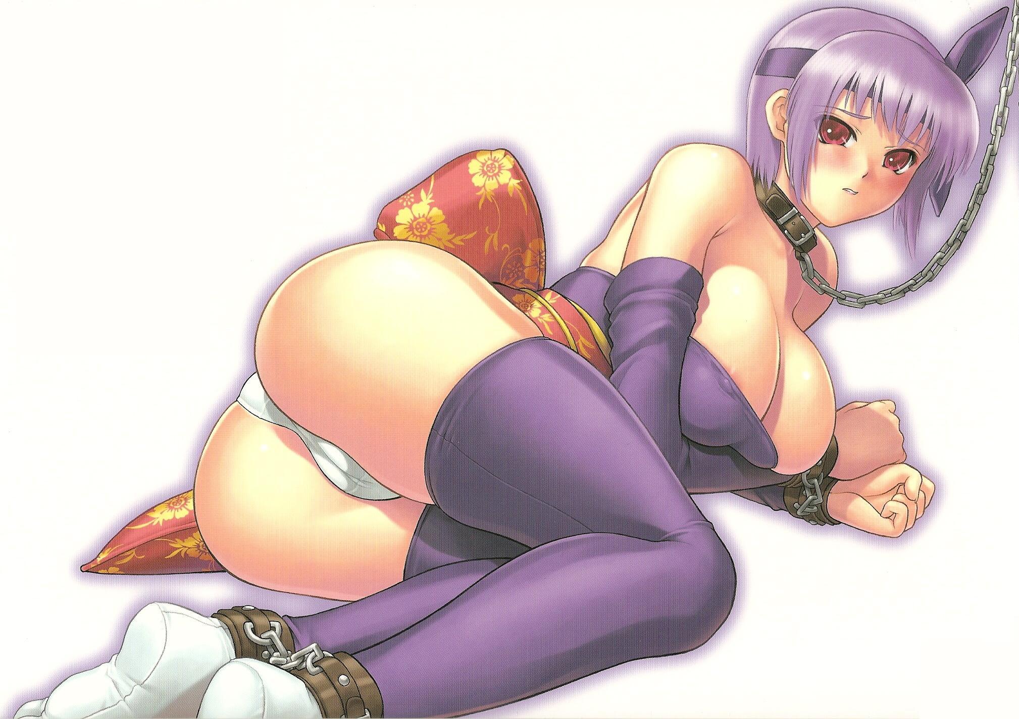 iruma kamiri, ayane (doa), dead or alive, tecmo, highres, 1girl, ankle cuffs, areola slip, ass, bdsm, blush, breasts, cameltoe, chain, cleavage, cuffs, feet, female focus, hairband, huge breasts, large breasts, lying, nipple slip, nipples, panties, purple hair, red eyes, short hair, slave, solo, tabi, thighhighs, underwear