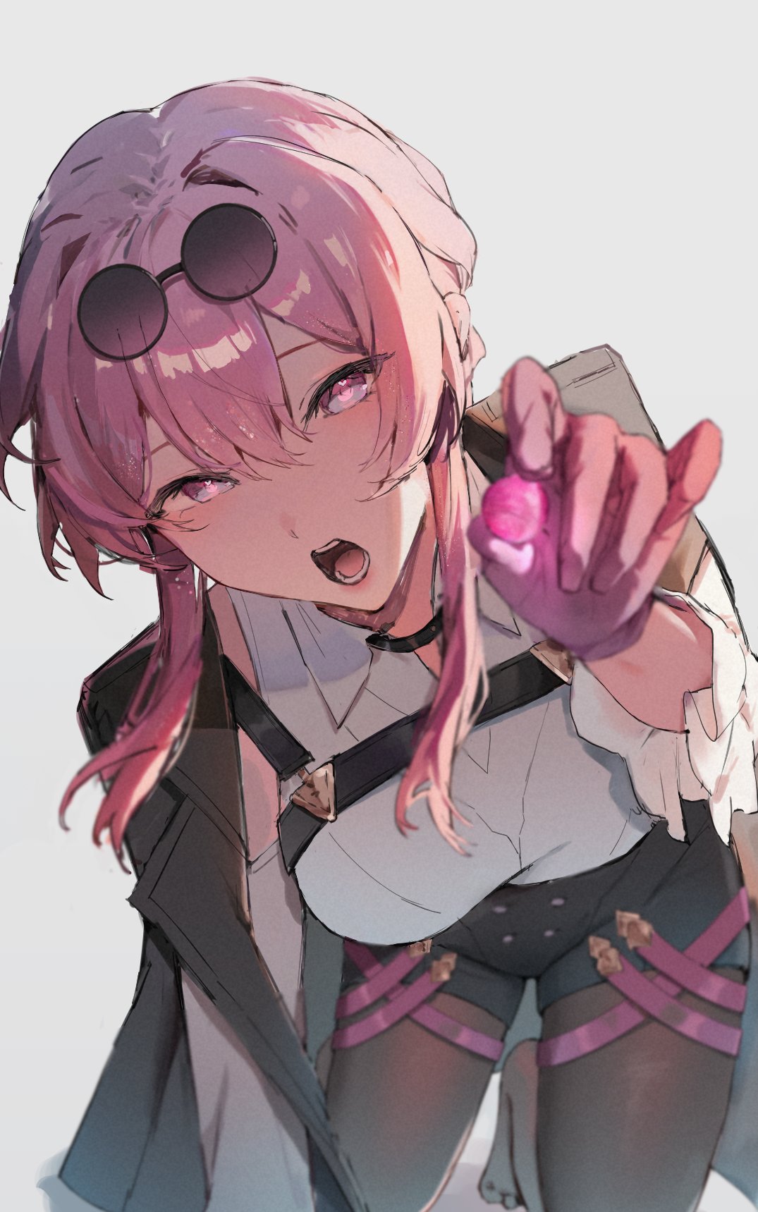 lei (knfz7274), kafka (honkai: star rail), honkai: star rail, honkai (series), commentary request, highres, 1girl, all fours, black jacket, black pantyhose, black shorts, breasts, candy, chest harness, eyewear on head, food, glasses, gloves, grey background, harness, high-waist shorts, holding, holding candy, holding food, jacket, jacket on shoulders, looking at viewer, medium breasts, open mouth, pantyhose, pince-nez, purple eyes, purple gloves, purple hair, reaching, reaching towards viewer, round eyewear, shirt, shorts, solo, white shirt