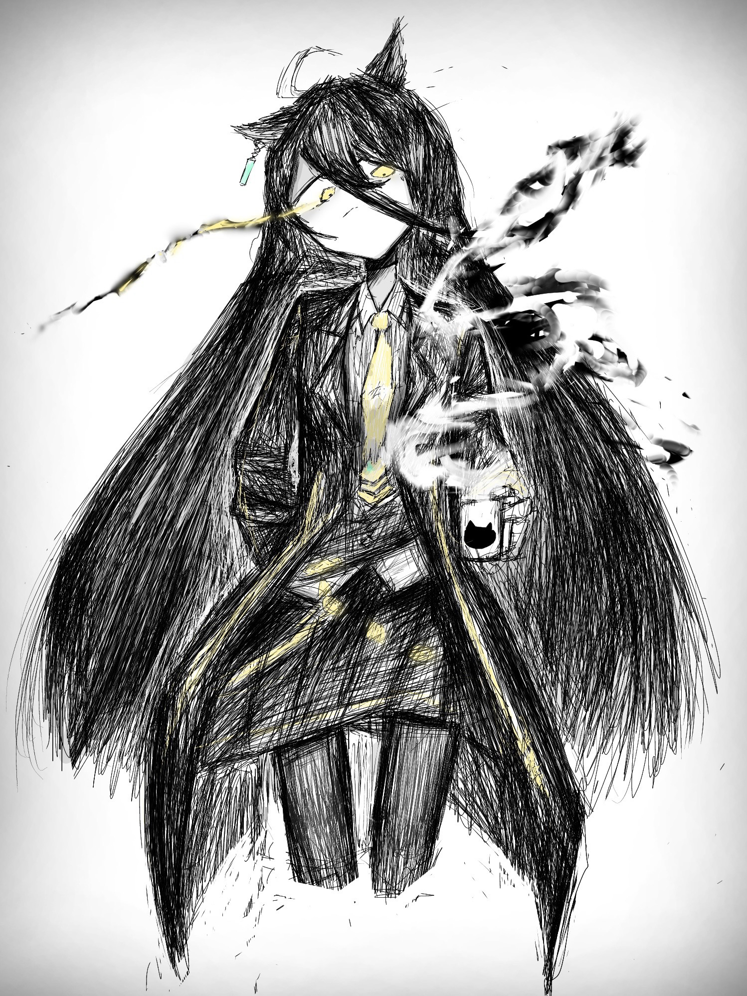 manhattan cafe (umamusume), umamusume, highres, variant set, 1girl, ahoge, animal ears, animal print, belt, black belt, black coat, black hair, black skirt, black vest, cat print, closed mouth, coat, collared shirt, cup, cyon, ear ornament, ear tag, earrings, hair between eyes, hand in pocket, hem peeking out, holding, holding cup, horse ears, horse girl, jewelry, long hair, long hair between eyes, long sleeves, looking at viewer, mug, multicolored hair, necktie, open clothes, open coat, pleated skirt, shirt, simple background, single earring, skirt, solo, steam, steaming cup, very long hair, vest, white background, white hair, white shirt, yellow eyes, yellow necktie