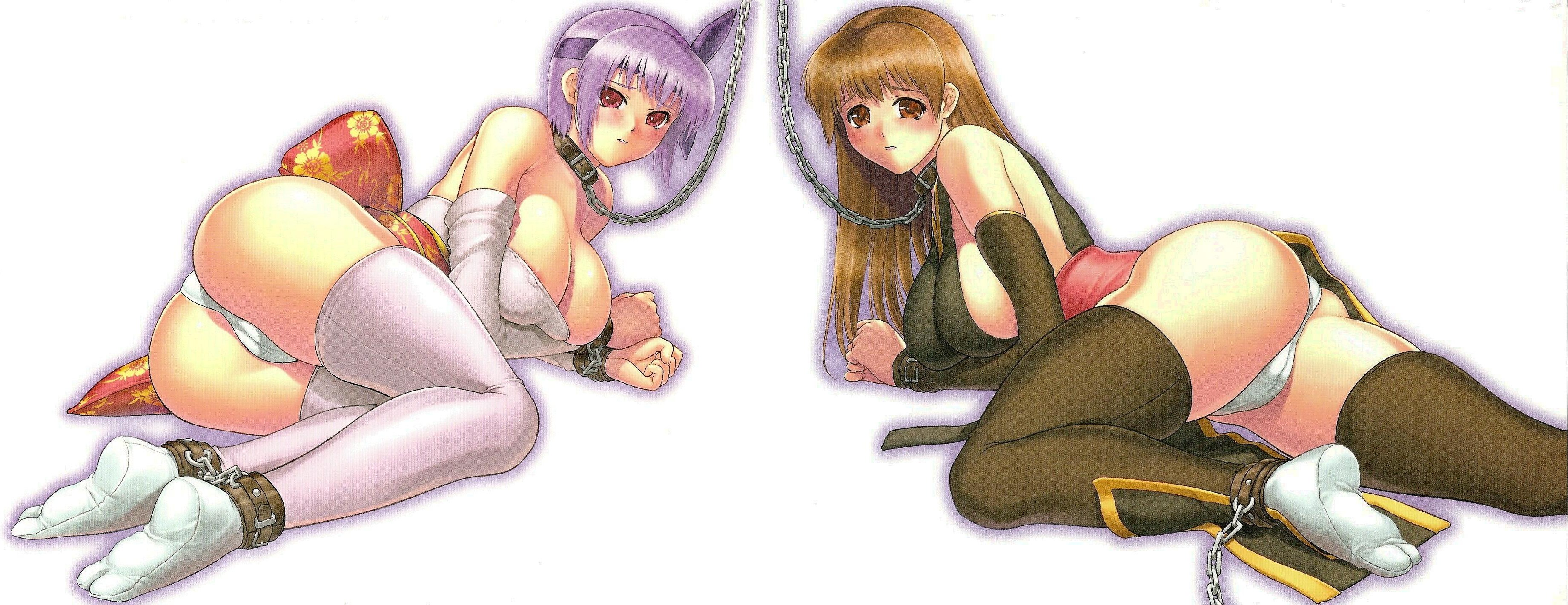 iruma kamiri, ayane (doa), kasumi (doa), dead or alive, tecmo, absurdres, highres, long image, wide image, 2girls, alternate color, ankle cuffs, ass, bdsm, breasts, brown eyes, brown hair, cameltoe, chain, cleavage, collar, cuffs, feet, hairband, huge breasts, large breasts, multiple girls, panties, purple hair, red eyes, short hair, siblings, sideboob, sisters, slave, tabi, thighhighs, underwear