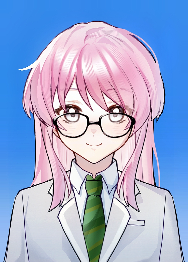 chihaya anon, bang dream!, bang dream! it's mygo!!!!!, chinese commentary, commentary request, 1girl, black-framed eyewear, blazer, blue background, choppy bangs, closed mouth, collared shirt, diagonal-striped clothes, diagonal-striped necktie, dress shirt, fang, glasses, green necktie, grey eyes, grey jacket, haneoka school uniform, id photo, jacket, lapels, light blush, light smile, long hair, loose hair strand, necktie, notched lapels, pink hair, school uniform, shirt, side ahoge, simple background, skin fang, solo, straight-on, striped clothes, sundayxiye, white shirt, wing collar, winter uniform