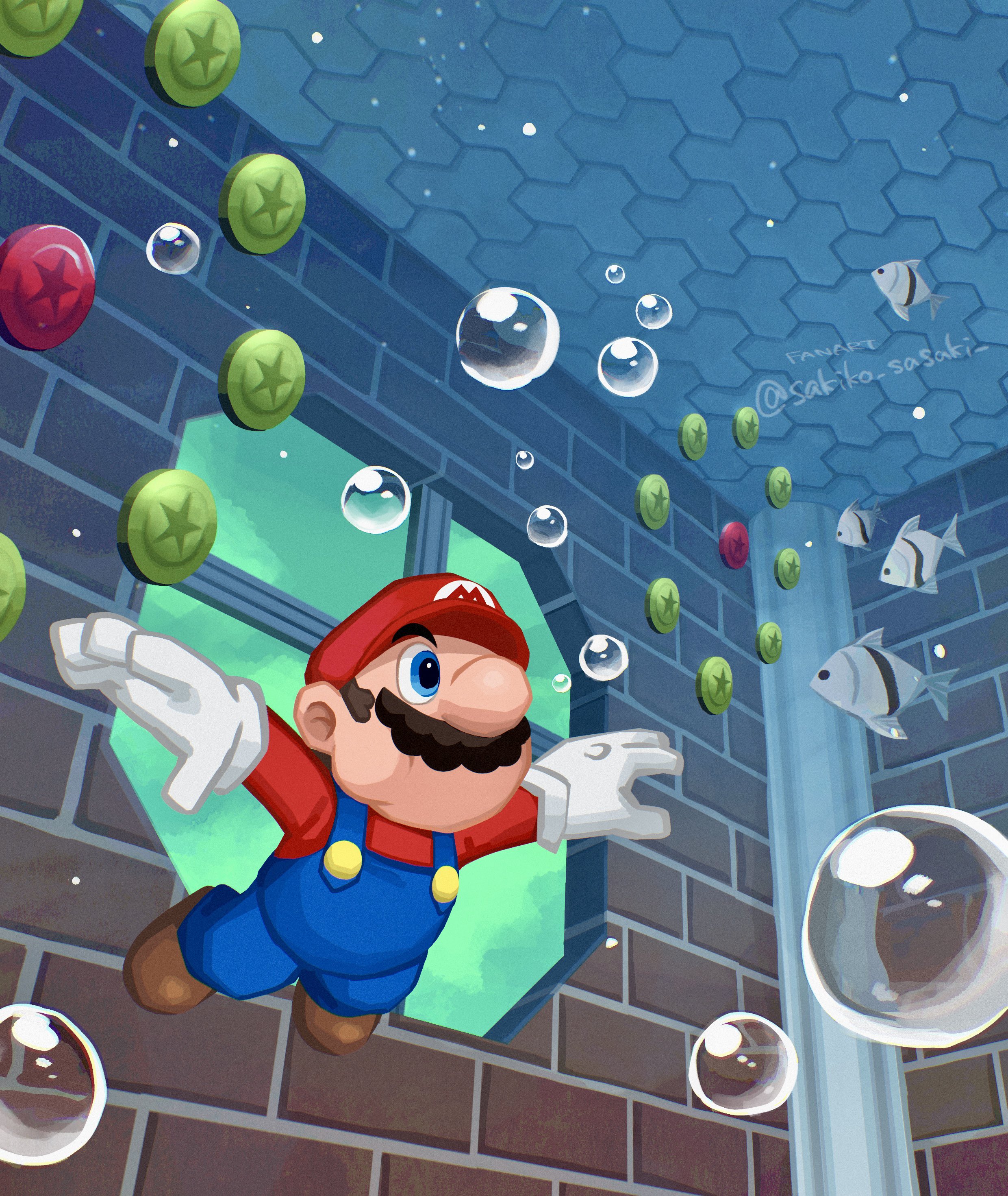 sasaki sakiko, mario, mario (series), nintendo, super mario 64, absurdres, highres, blue eyes, brick wall, bubble, coin, facial hair, fish, gloves, hat, mustache, overalls, red coin, swimming, underwater, water, white gloves, window