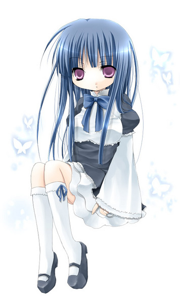 ringo komachi, frederica bernkastel, umineko no naku koro ni, 00s, 1girl, blue hair, bug, butterfly, female focus, insect, purple eyes, solo