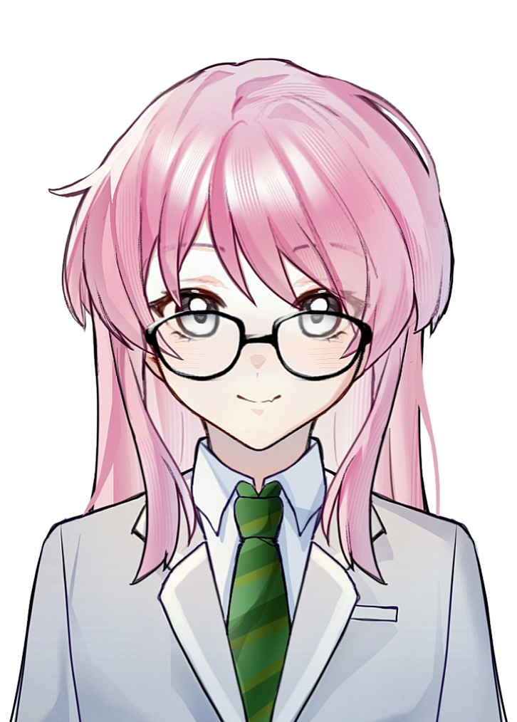 chihaya anon, bang dream!, bang dream! it's mygo!!!!!, chinese commentary, commentary request, 1girl, black-framed eyewear, blazer, choppy bangs, closed mouth, collared shirt, diagonal-striped clothes, diagonal-striped necktie, dress shirt, fang, glasses, green necktie, grey eyes, grey jacket, haneoka school uniform, jacket, lapels, light blush, light smile, long hair, loose hair strand, necktie, notched lapels, pink hair, school uniform, shirt, side ahoge, simple background, skin fang, solo, straight-on, striped clothes, sundayxiye, white background, white shirt, wing collar, winter uniform
