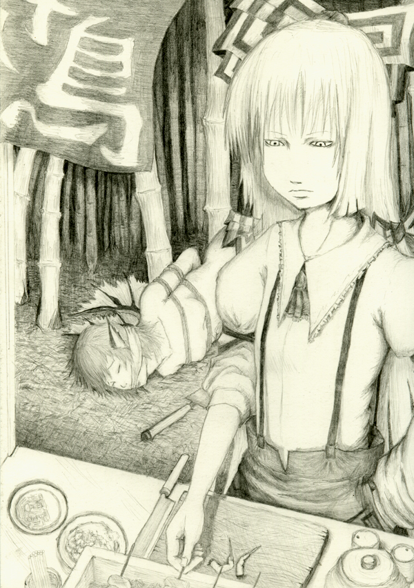 hane (azelye), fujiwara no mokou, mystia lorelei, touhou, 2girls, bdsm, bondage, bound, female focus, food, guro, monochrome, multiple girls, when you see it, wings