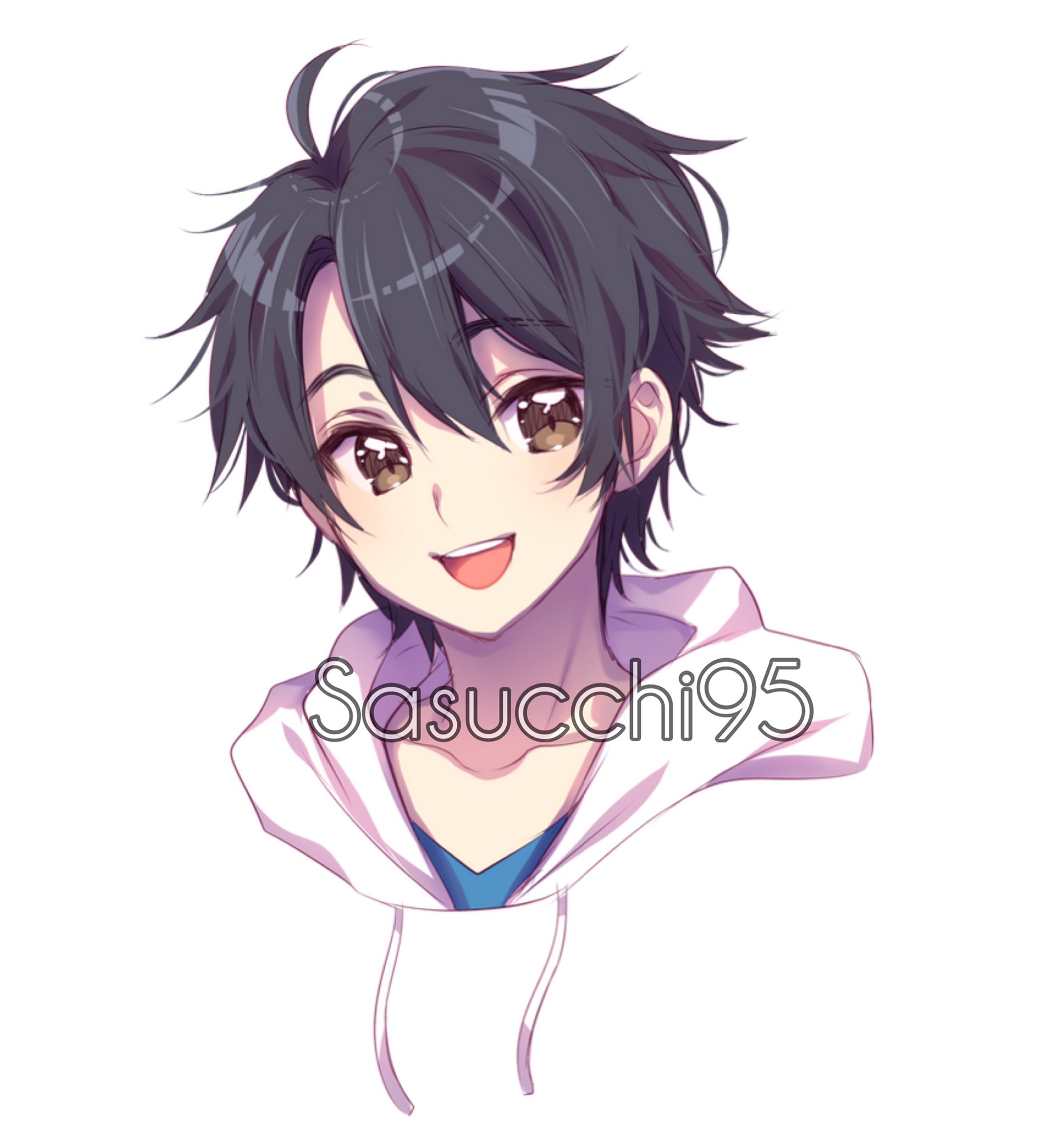 sasucchi95, original, commentary, commission, english commentary, highres, 1boy, :d, ahoge, artist name, black hair, blue shirt, blush, brown eyes, cropped shoulders, double-parted bangs, drawstring, hair between eyes, hood, hood down, hoodie, looking at viewer, male focus, open mouth, shirt, short hair, simple background, smile, solo, teeth, tongue, upper teeth only, white background, white hoodie