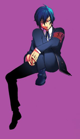san moto, yuuki makoto (persona 3), atlus, persona, persona 3, bad id, bad pixiv id, 1boy, armband, blue eyes, blue hair, full body, male focus, matching hair/eyes, school uniform, serafuku, short hair, simple background, solo