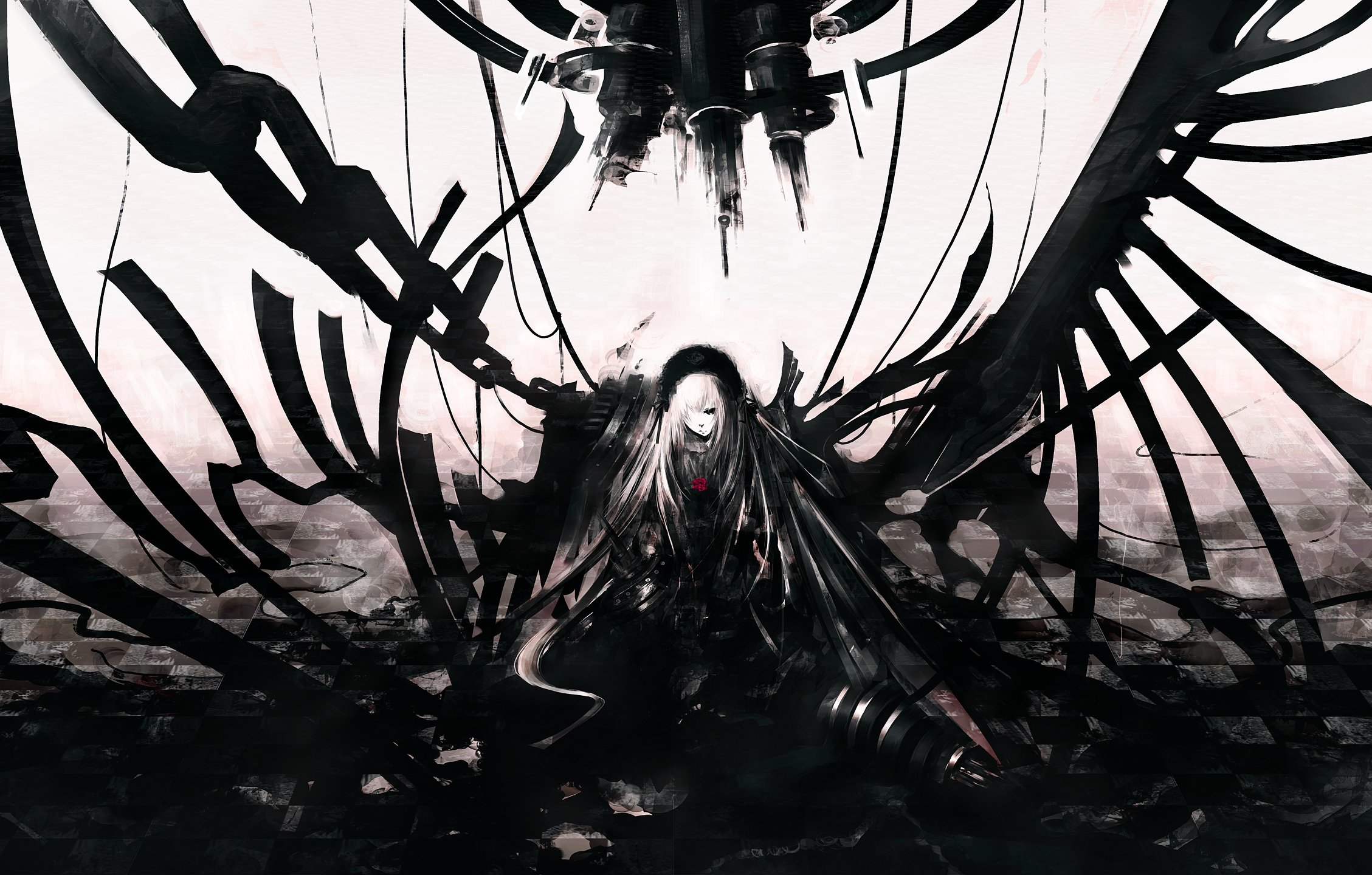 iori yakatabako, suigintou, black rock shooter, rozen maiden, highres, long hair, parody, solo, white hair