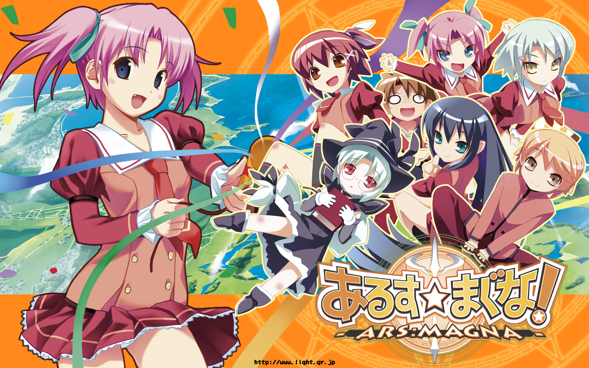 koutaro, arai ruka, enjouji alex yukihiro, ichijou anzu, kurono miko, minezaki sakura, mizusawa noel, ars magna, highres, 6+girls, book, crossed arms, everyone, fang, glasses, hair ornament, hair ribbon, hairclip, hat, multiple girls, necktie, panties, pantyshot, ribbon, school uniform, serafuku, short hair, twintails, underwear, witch hat