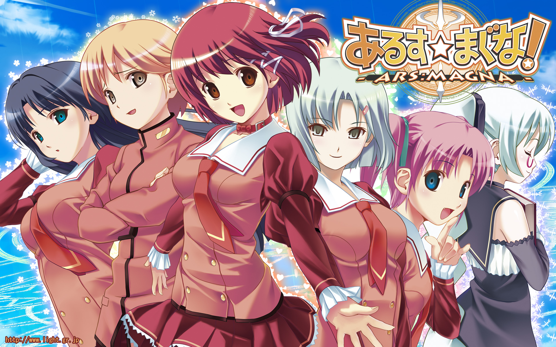 koutaro, arai ruka, enjouji alex yukihiro, ichijou anzu, kurono miko, minezaki sakura, mizusawa noel, ars magna, highres, third-party edit, 6+girls, black hair, blonde hair, blue eyes, blue hair, book, brown eyes, closed eyes, collar, crossed arms, everyone, finger to mouth, glasses, grey eyes, hair ornament, hair ribbon, hairclip, long hair, multiple girls, necktie, pink hair, red hair, ribbon, school uniform, serafuku, short hair, skirt, smile, twintails, white hair