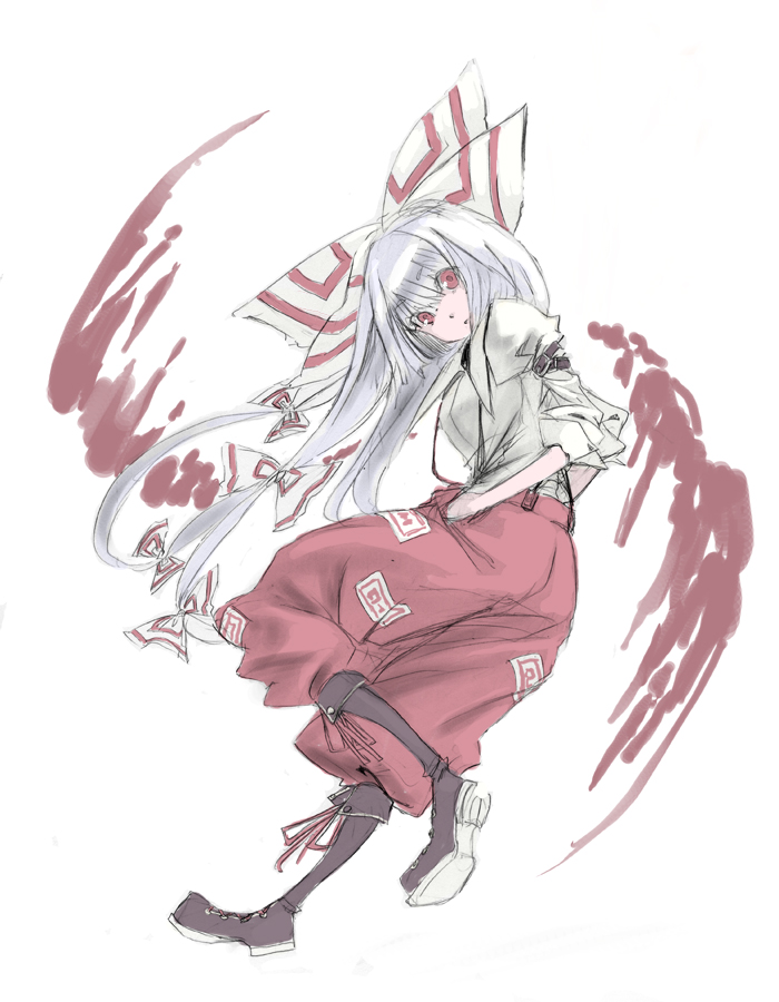 kumada (pixiv 86161), kumadano, fujiwara no mokou, touhou, bad id, 1girl, boots, bow, female focus, hair bow, hands in pockets, long hair, looking at viewer, red eyes, sleeves rolled up, solo, white hair