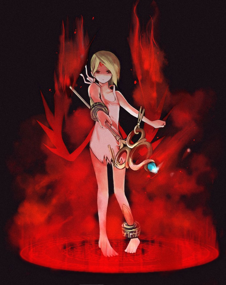 oosaki hirao, nina (breath of fire v), breath of fire, breath of fire v, bad id, bad pixiv id, 1girl, female focus, full-body tattoo, red wings, short hair, solo, staff, tattoo, wings