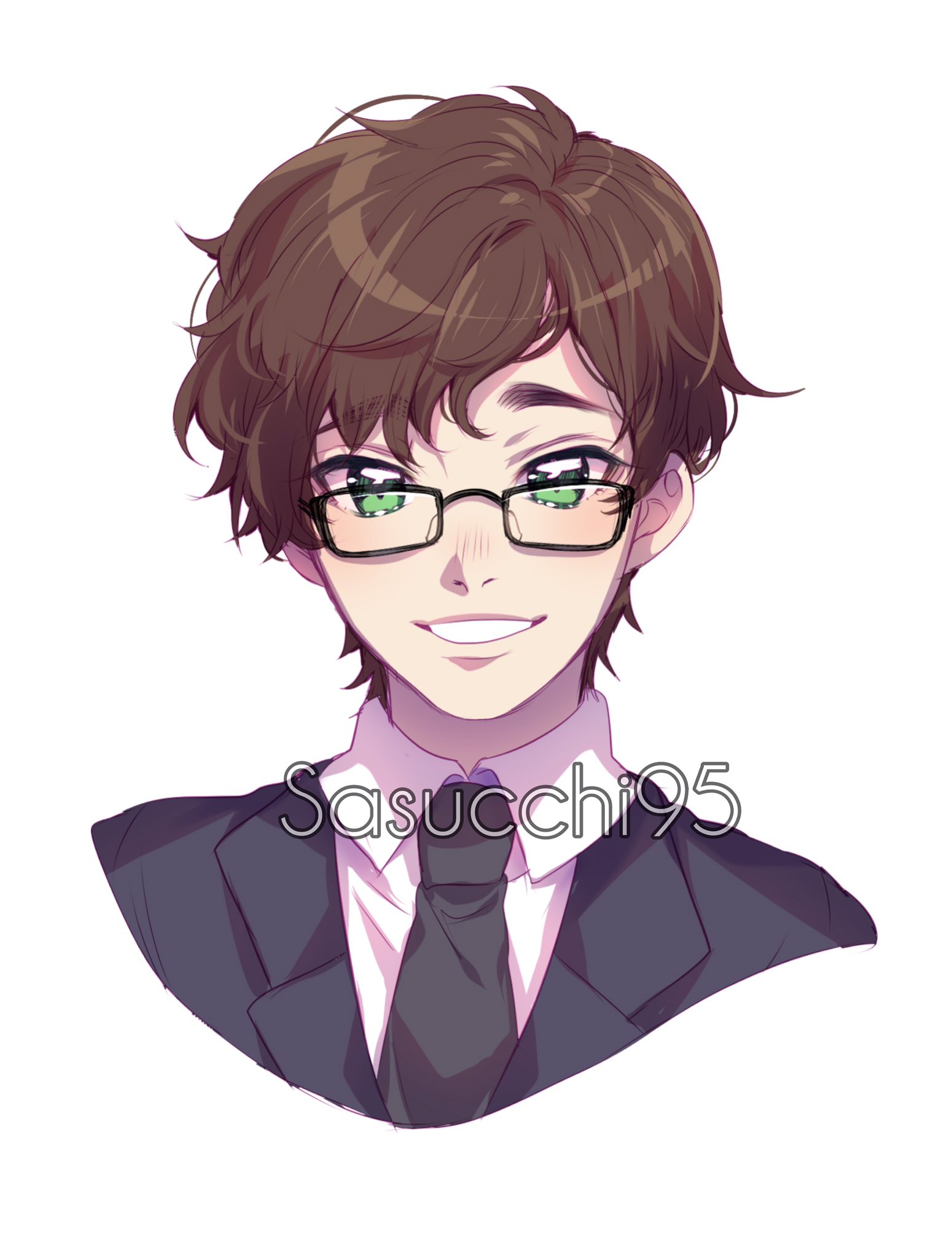 sasucchi95, original, commentary, commission, english commentary, highres, :d, artist name, black-framed eyewear, black jacket, black necktie, blush, brown hair, collared shirt, cropped shoulders, glasses, green eyes, grin, jacket, lapels, looking at viewer, necktie, open mouth, rectangular eyewear, shirt, short hair, simple background, smile, solo, swept bangs, thick eyebrows, very short hair, white background, white shirt