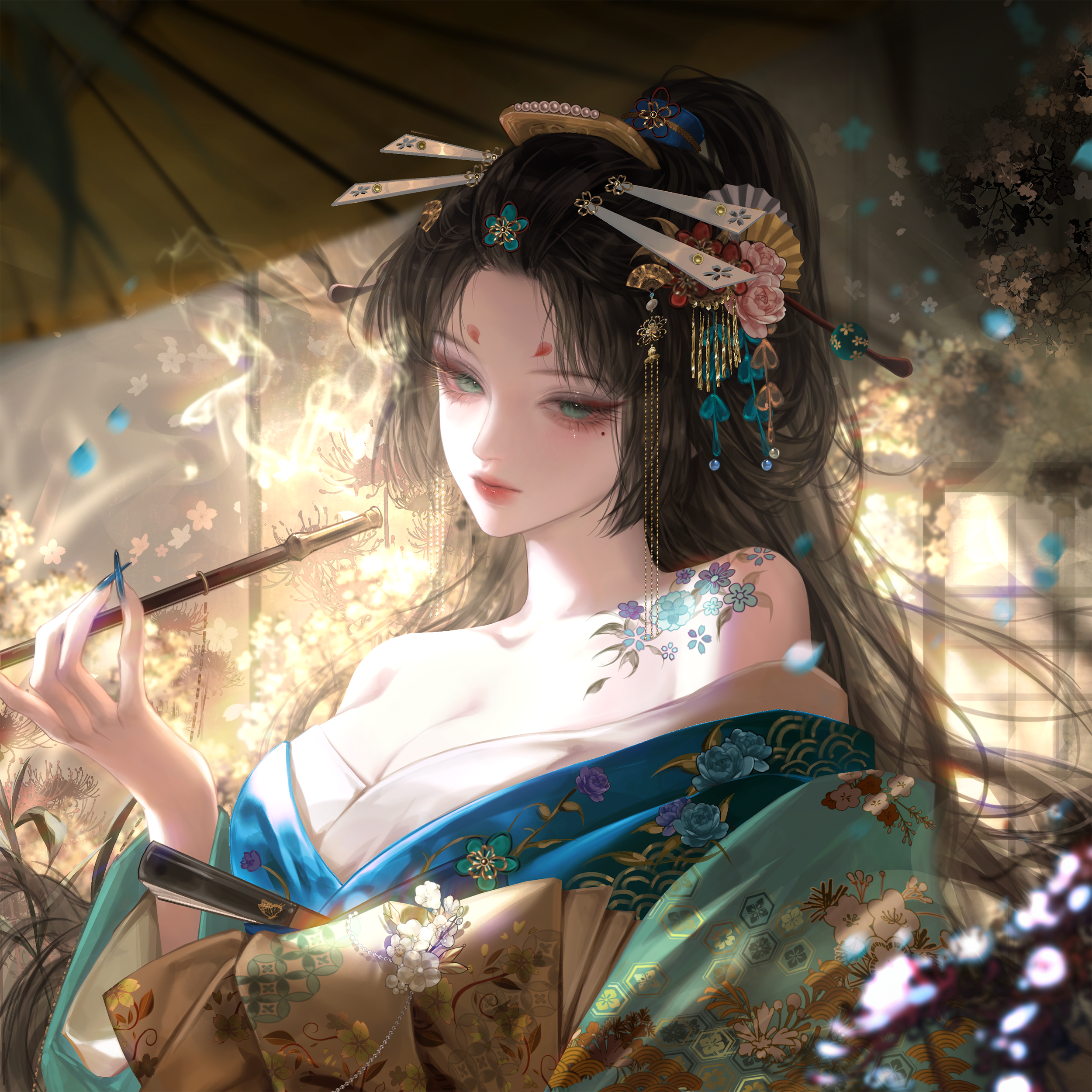 gloriash, original, absurdres, highres, 1girl, bare shoulders, black hair, breasts, cleavage, flower, green eyes, hair ornament, hair stick, holding, holding smoking pipe, indoors, japanese clothes, kimono, large breasts, long hair, looking at viewer, mole, mole under eye, off shoulder, ponytail, smoke, smoking pipe, solo, tattoo, upper body