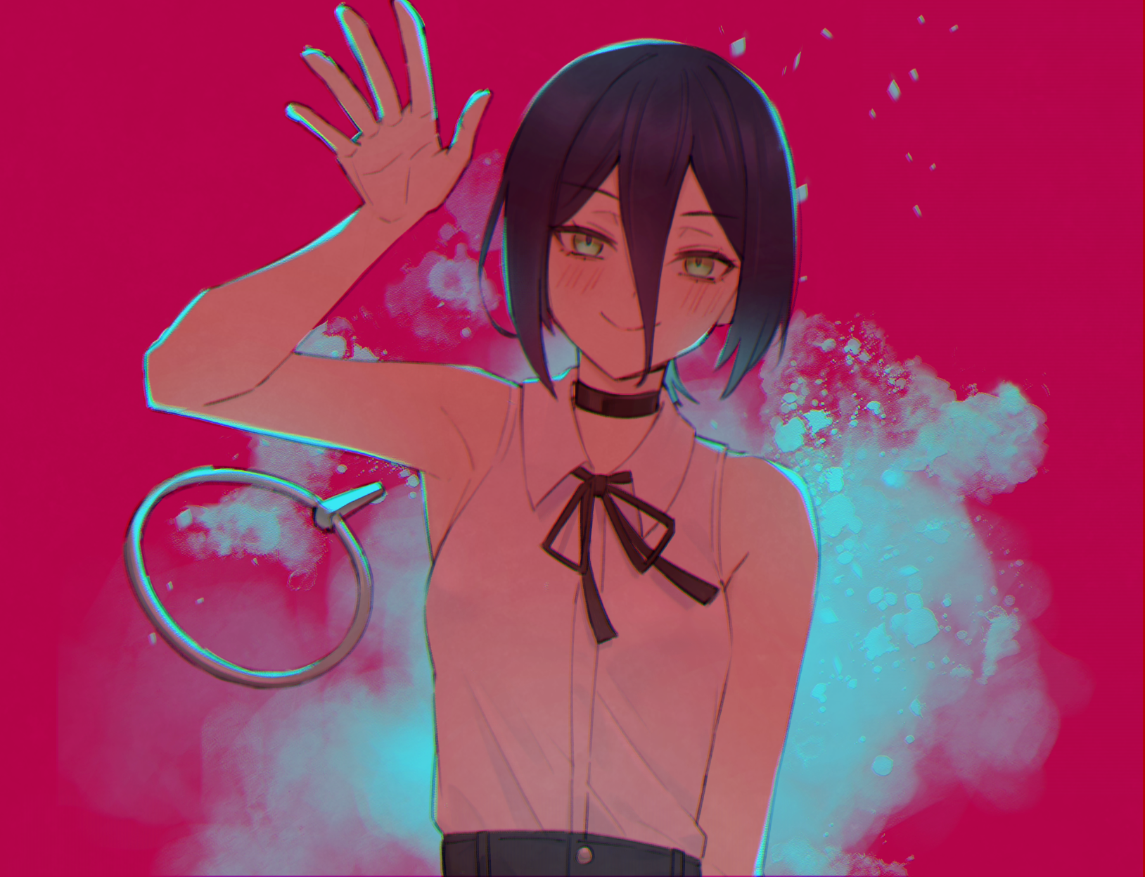 oukafafafa, reze (chainsaw man), chainsaw man, highres, 1girl, arm up, black choker, black hair, black ribbon, choker, closed mouth, collared shirt, green eyes, grenade pin, hair between eyes, looking at viewer, pink background, ribbon, shirt, short hair, sleeveless, sleeveless shirt, smile, solo, white shirt