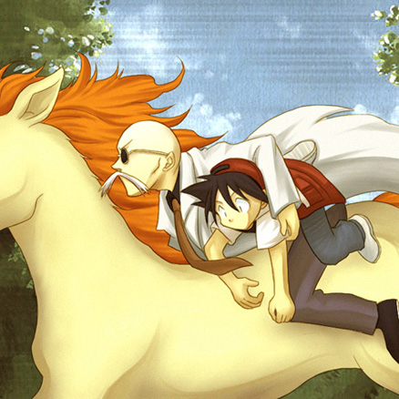 nemui (pixiv39274), nemui (r seishi), blaine (pokemon), rapidash, red (pokemon), nintendo, pokemon, pokemon adventures, bad id, bad pixiv id, lowres, 2boys, bald, blaine, carrying, carrying under arm, facial hair, fire, gen 1 pokemon, glasses, gym leader, hat, lab coat, male focus, multiple boys, mustache, necktie, pokemon (creature), riding, riding pokemon, sunglasses