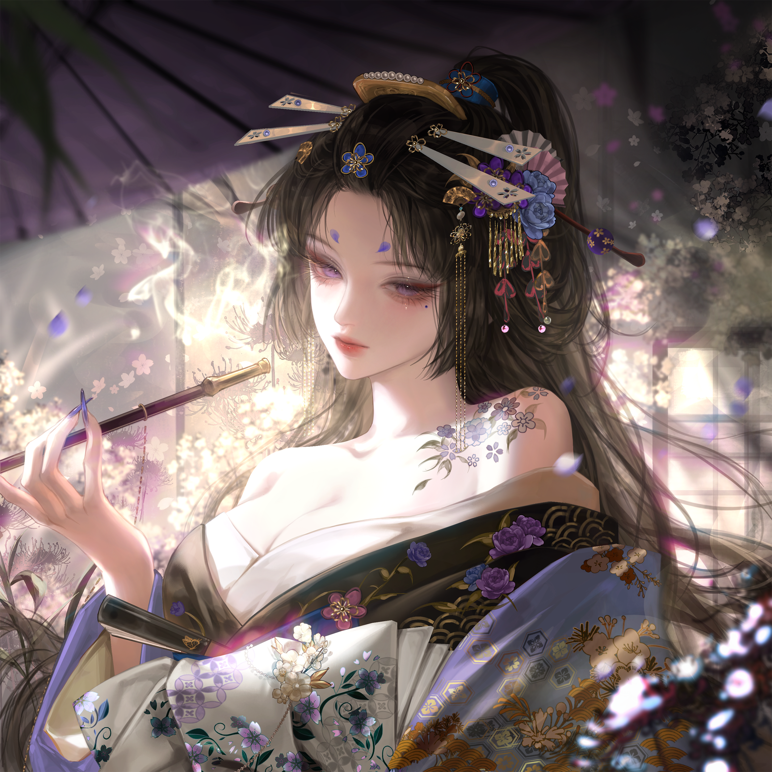 gloriash, original, absurdres, highres, 1girl, bare shoulders, black hair, breasts, cleavage, flower, hair ornament, holding, holding smoking pipe, japanese clothes, kimono, large breasts, long hair, mole, mole under eye, off shoulder, ponytail, purple eyes, smoke, smoking pipe, solo, tattoo, upper body