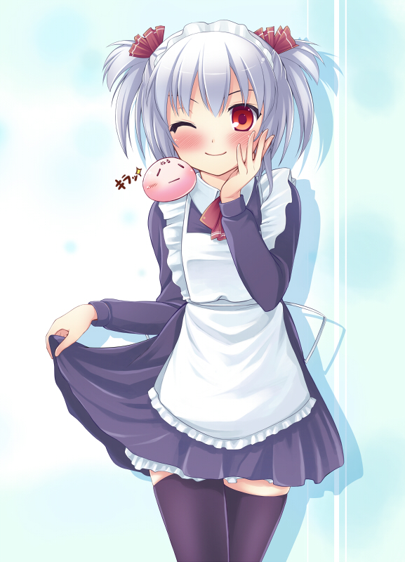 nullken, original, >;), 1girl, black thighhighs, blush, cowboy shot, female focus, hair ribbon, hand on own face, looking at viewer, maid, maid headdress, one eye closed, orange eyes, red eyes, ribbon, short hair, skirt hold, smile, solo, thighhighs, two side up, v-shaped eyebrows, white hair, zettai ryouiki