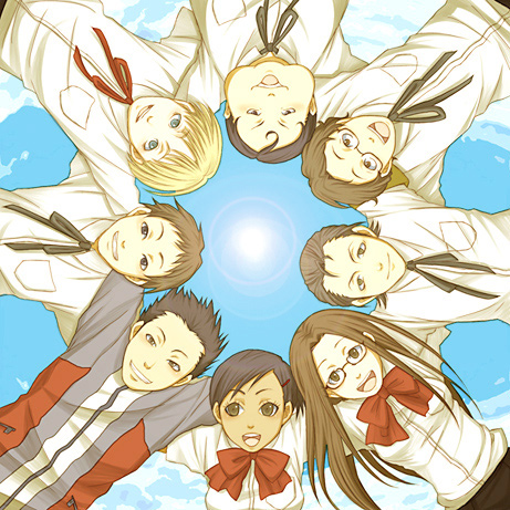 nemui (pixiv39274), nemui (r seishi), andre roland jean gerard, fushimi chihiro, hiraga keisuke, miyamoto kazuki, miyamoto kazushi, nishiwaki yuuko, odagiri hidetoshi, suemitsu nozomi, suemitsu nozomu, tomochika kenji, atlus, persona, persona 3, bad id, bad pixiv id, lowres, 2girls, 6+boys, blonde hair, blue eyes, bow, brown hair, everyone, glasses, grey hair, long hair, multiple boys, multiple girls, ribbon, school uniform, smile, tan