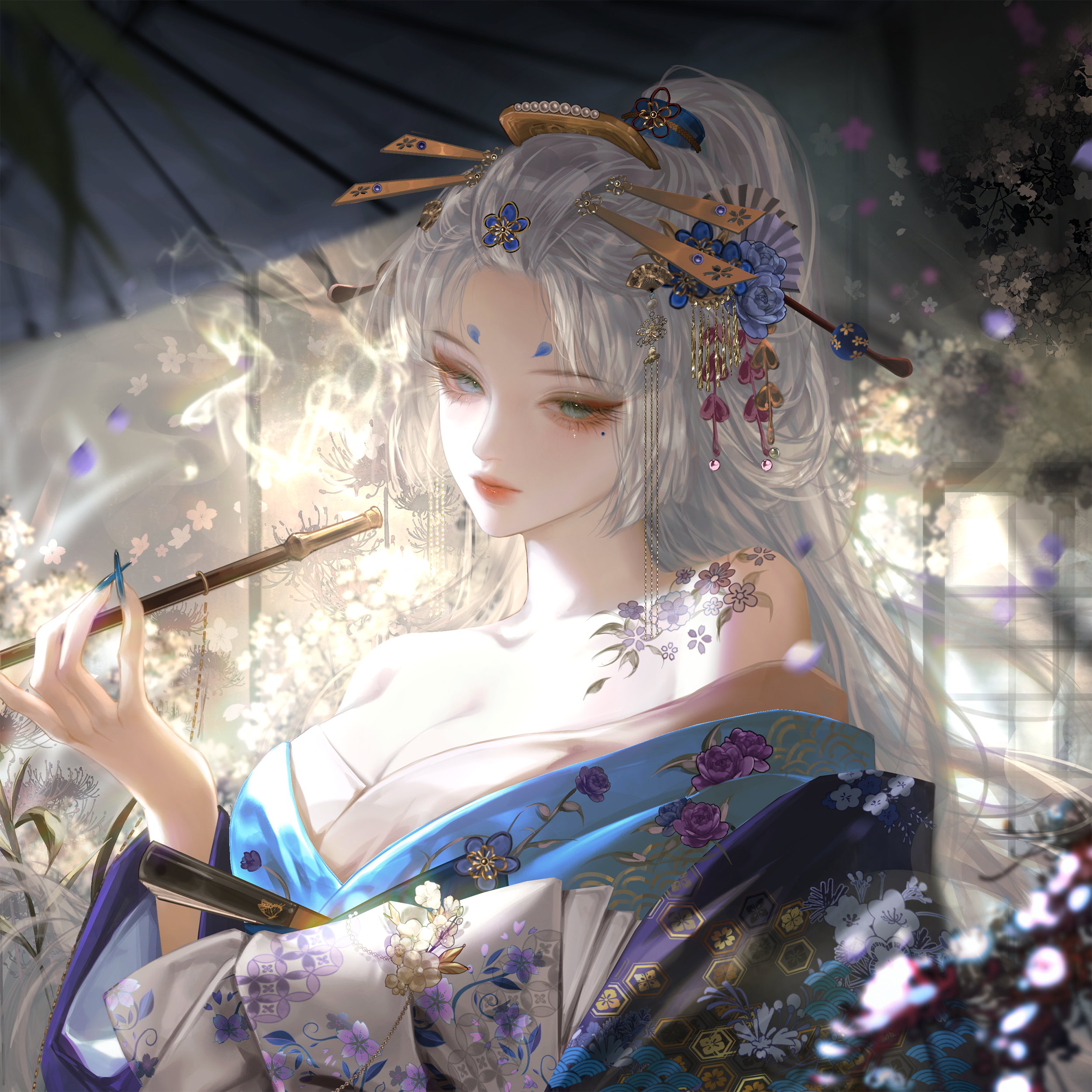 gloriash, original, absurdres, highres, 1girl, bare shoulders, blue eyes, breasts, cleavage, fingernails, floral print, flower, hair ornament, hair stick, holding, holding smoking pipe, japanese clothes, kimono, kiseru, large breasts, long hair, looking at viewer, mole, mole under eye, off shoulder, smoke, smoking pipe, solo, tattoo, upper body, white hair
