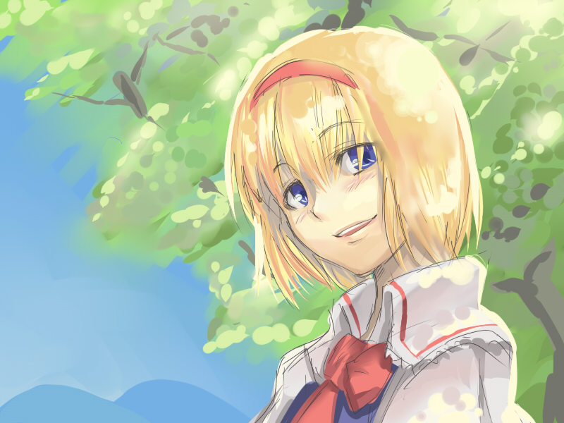 aryus, alice margatroid, touhou, bad id, bad pixiv id, 1girl, :d, blonde hair, blue eyes, blush, bob cut, bow, bowtie, collar, dappled sunlight, day, female focus, hairband, looking at viewer, necktie, open mouth, parted lips, plant, portrait, red necktie, ribbon-trimmed clothes, ribbon trim, short hair, sketch, smile, solo, sunlight, tree