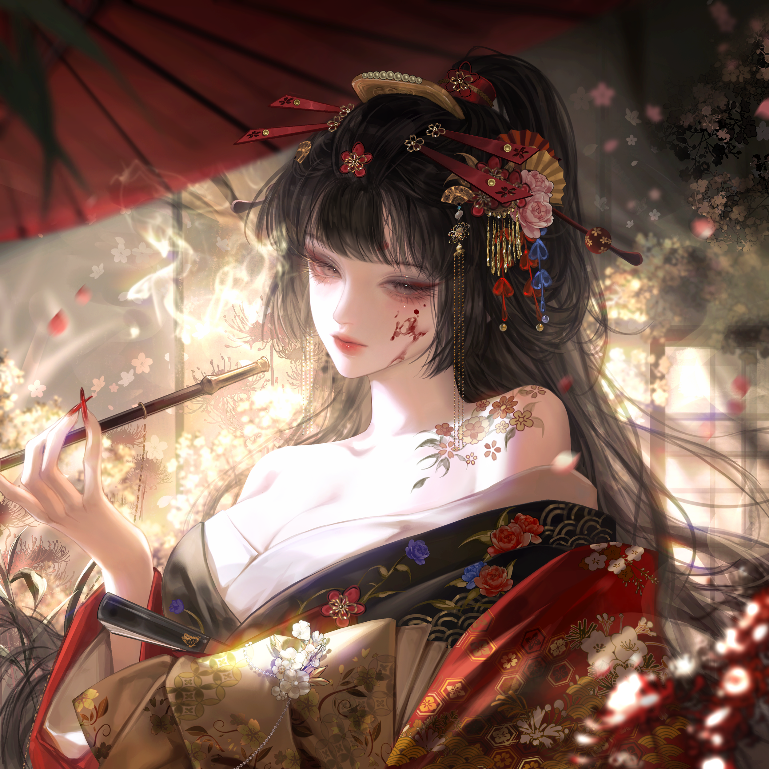 gloriash, original, absurdres, highres, 1girl, bare shoulders, black hair, breasts, cleavage, floral print, flower, hair flower, hair ornament, hair stick, holding, holding smoking pipe, japanese clothes, kimono, kiseru, large breasts, long hair, looking at viewer, off shoulder, petals, ponytail, red nails, smoke, smoking pipe, solo, tattoo, umbrella, upper body
