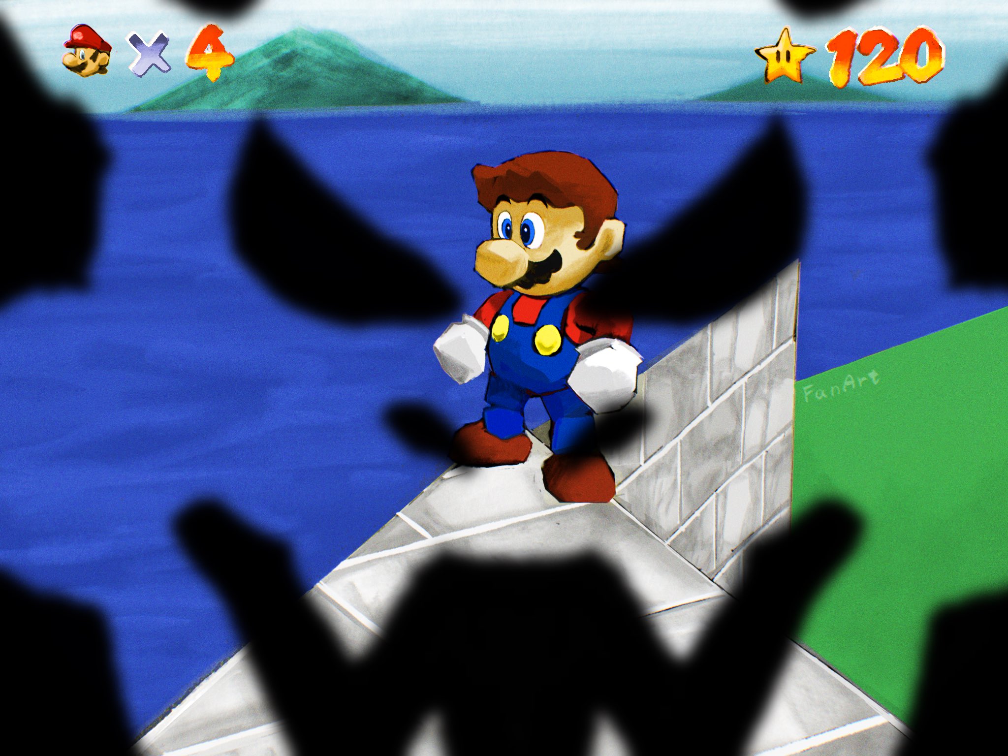 yamari (ya mari 6363), mario, mario (series), nintendo, super mario 64, highres, 1boy, blue eyes, brown hair, facial hair, full body, game over, gloves, male focus, meme, mustache, ocean, overalls, water