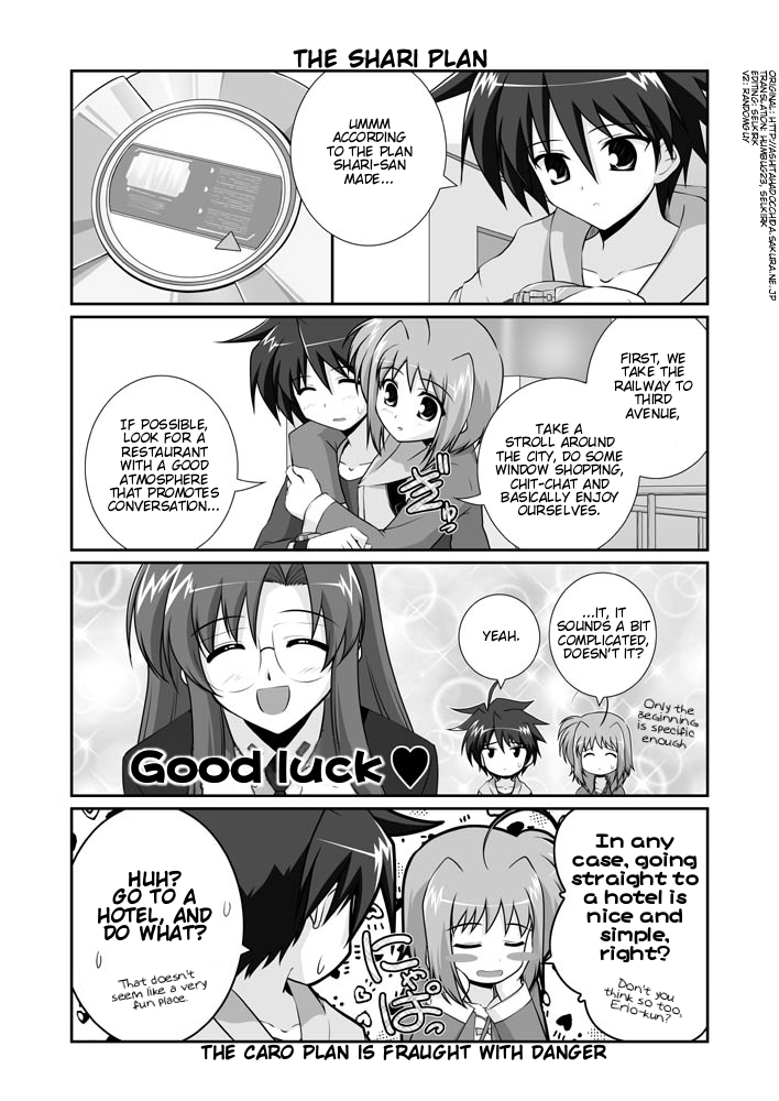 mikage takashi, caro ru lushe, erio mondial, shario finieno, strada, lyrical nanoha, mahou shoujo lyrical nanoha, mahou shoujo lyrical nanoha strikers, hard-translated, third-party edit, translated, 00s, 1boy, 2girls, ahoge, blush, blush stickers, closed eyes, comic, english text, glasses, greyscale, heart, military, military uniform, monochrome, multiple girls, watch, wristwatch