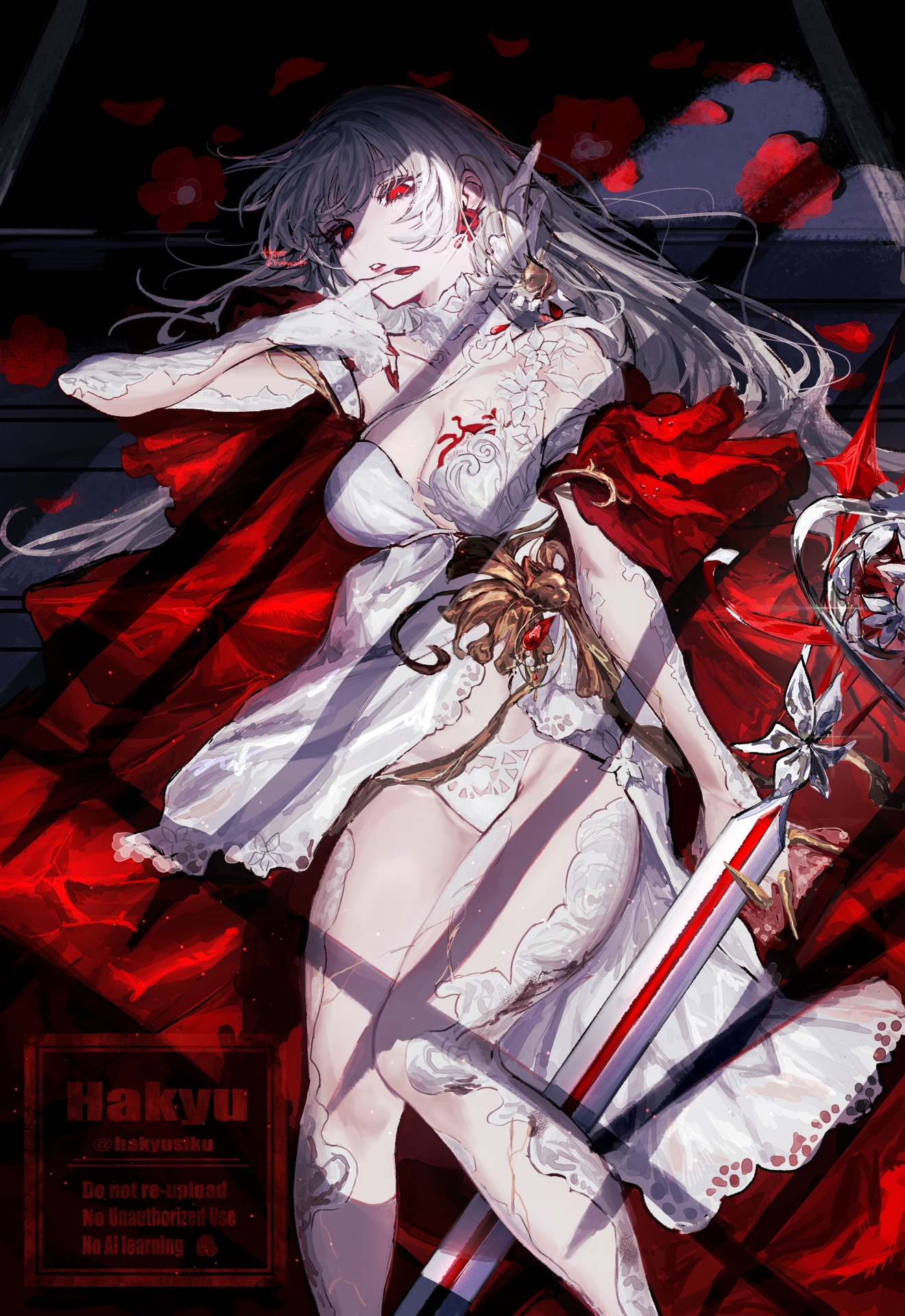hakyusiku, coquelic (path to nowhere), path to nowhere, highres, 1girl, breasts, feet out of frame, from above, looking at viewer, lying, on back, red eyes, solo, white hair