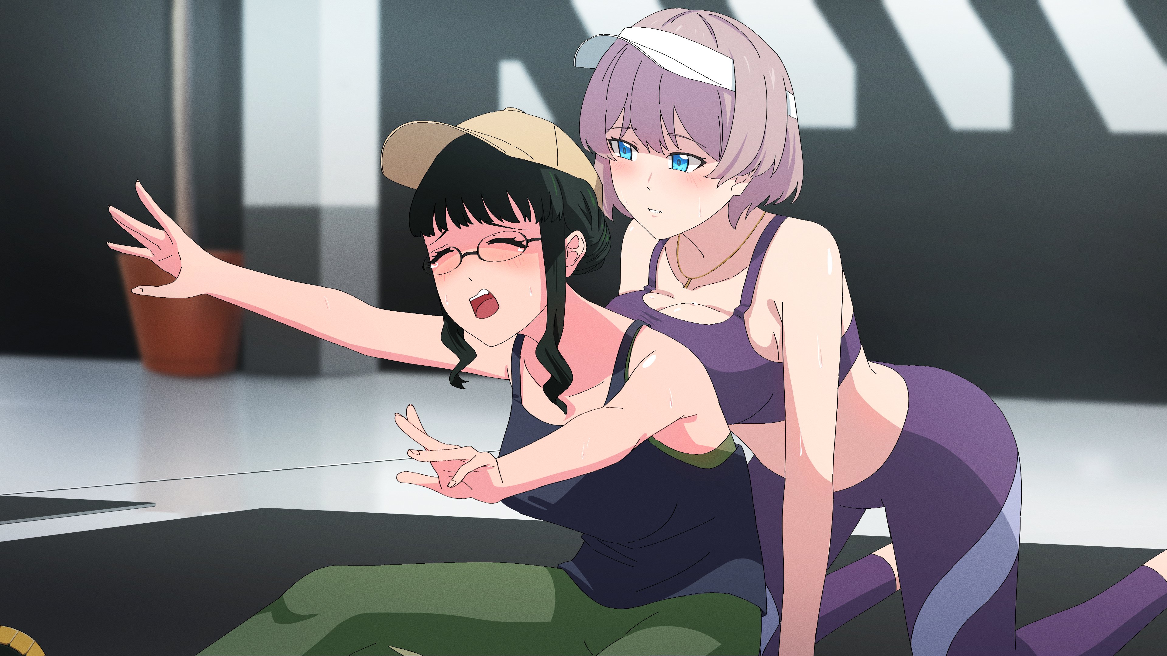 banana88, anosillus ii, mujina, gridman universe, ssss.dynazenon, absurdres, highres, 2girls, ass, baseball cap, black tank top, blue eyes, blurry, blurry background, blush, braid, braided bun, breast press, breasts, breasts on another's back, closed eyes, flower pot, glasses, green hair, green pants, grey hair, grin, gym, hair bun, hat, kneeling, large breasts, mat, midriff, multiple girls, open mouth, pants, purple pants, purple sports bra, sitting, smile, sports bra, tank top, thighs, visor cap, yoga pants