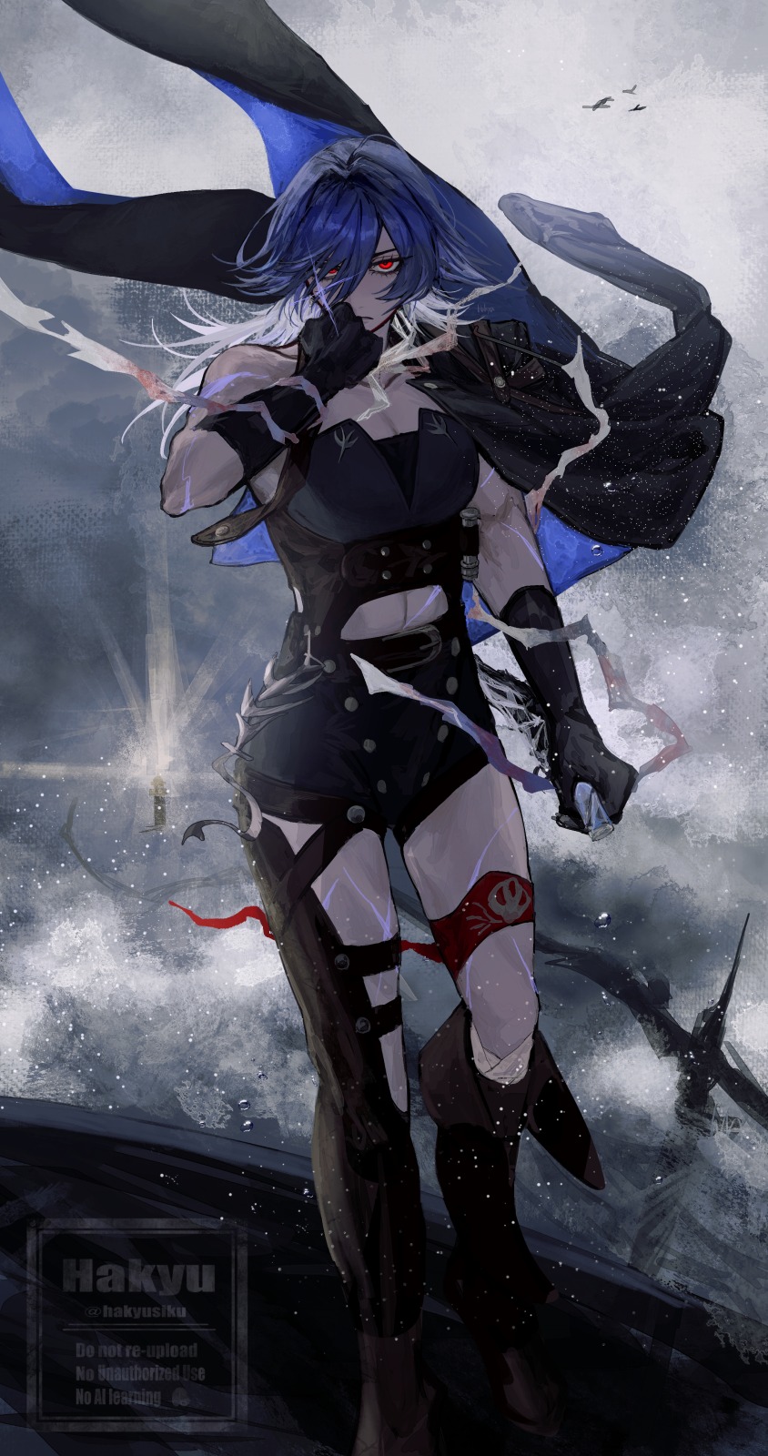 hakyusiku, path to nowhere, highres, 1girl, black jacket, blue hair, floating jacket, full body, jacket, jacket on shoulders, ocean, red eyes, solo, standing
