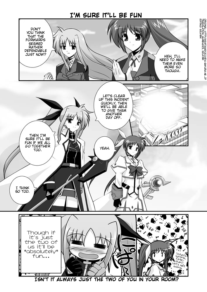 mikage takashi, bardiche (nanoha), fate testarossa, fate testarossa (impulse form), raising heart, takamachi nanoha, takamachi nanoha (aggressor mode), lyrical nanoha, mahou shoujo lyrical nanoha, mahou shoujo lyrical nanoha strikers, hard-translated, third-party edit, translated, 00s, 2girls, = =, blush, bow, cape, coat, comic, english text, fingerless gloves, gauntlets, gloves, greyscale, heart, magazine (weapon), magical girl, military, military uniform, monochrome, multiple girls, side ponytail, single gauntlet, single glove, thighhighs, twintails, waist cape
