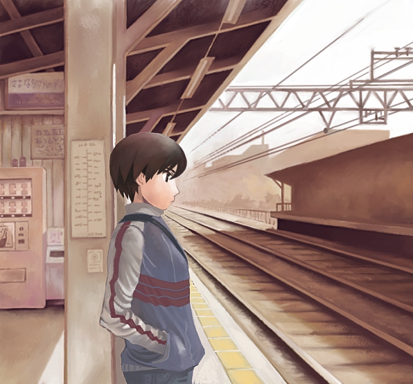 kimura (pixiv178485), kikuchi makoto, idolmaster, idolmaster (classic), idolmaster 1, bad id, bad pixiv id, 00s, antenna hair, brown hair, jacket, profile, raglan sleeves, short hair, solo, train station, vending machine