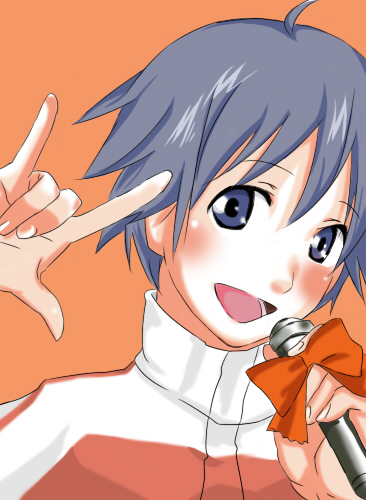 kogata nosuke, nosuke, kikuchi makoto, idolmaster, idolmaster (classic), idolmaster 1, macross, macross frontier, lowres, 1girl, antenna hair, black eyes, black hair, blush, female focus, jacket, m/, microphone, parody, raglan sleeves, seikan hikou, smile, solo