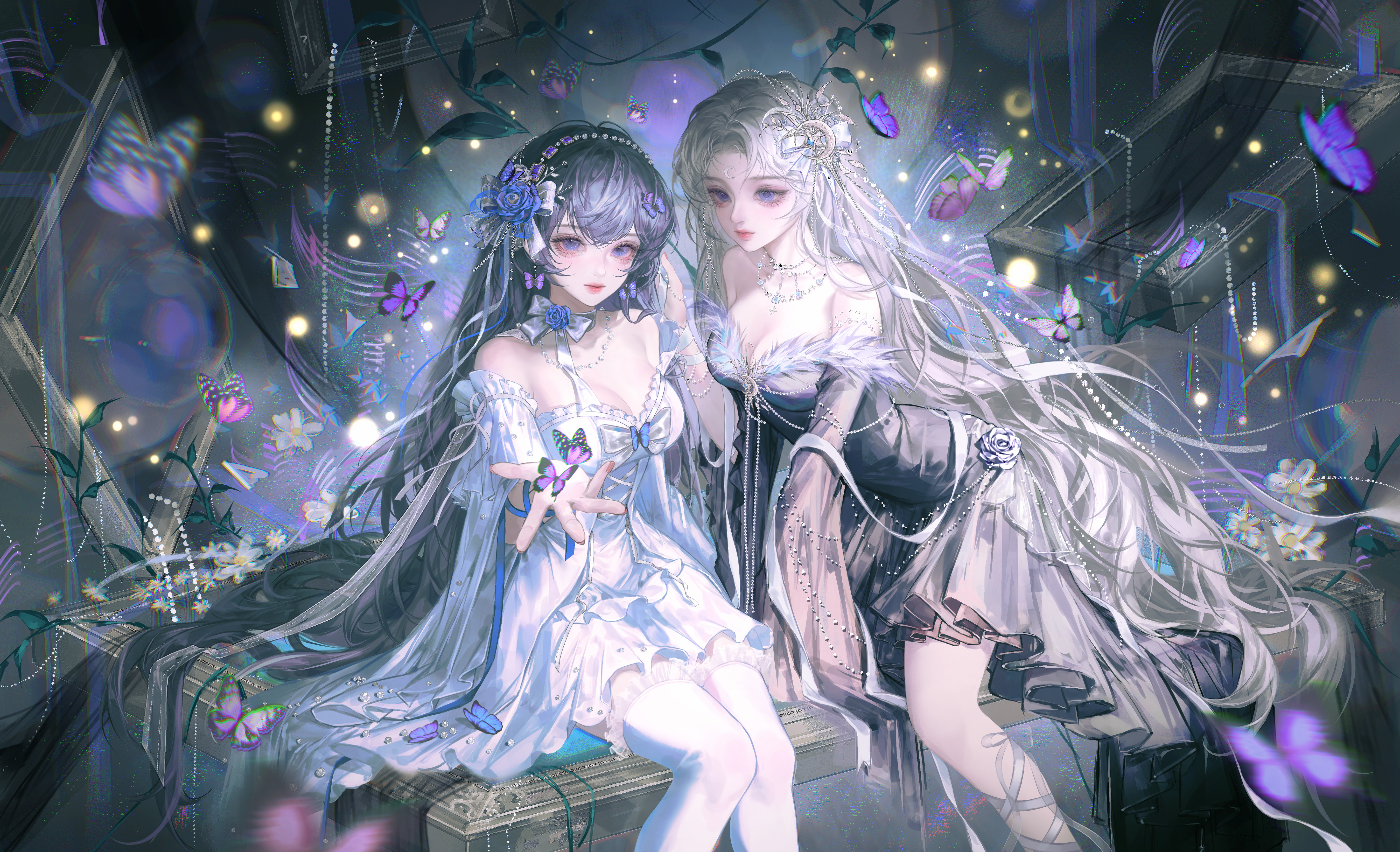gloriash, original, absurdres, highres, 2girls, black dress, black hair, breasts, bug, butterfly, cleavage, dress, flower, hair flower, hair ornament, insect, jewelry, long hair, multiple girls, purple eyes, sitting, thighhighs, very long hair, white dress