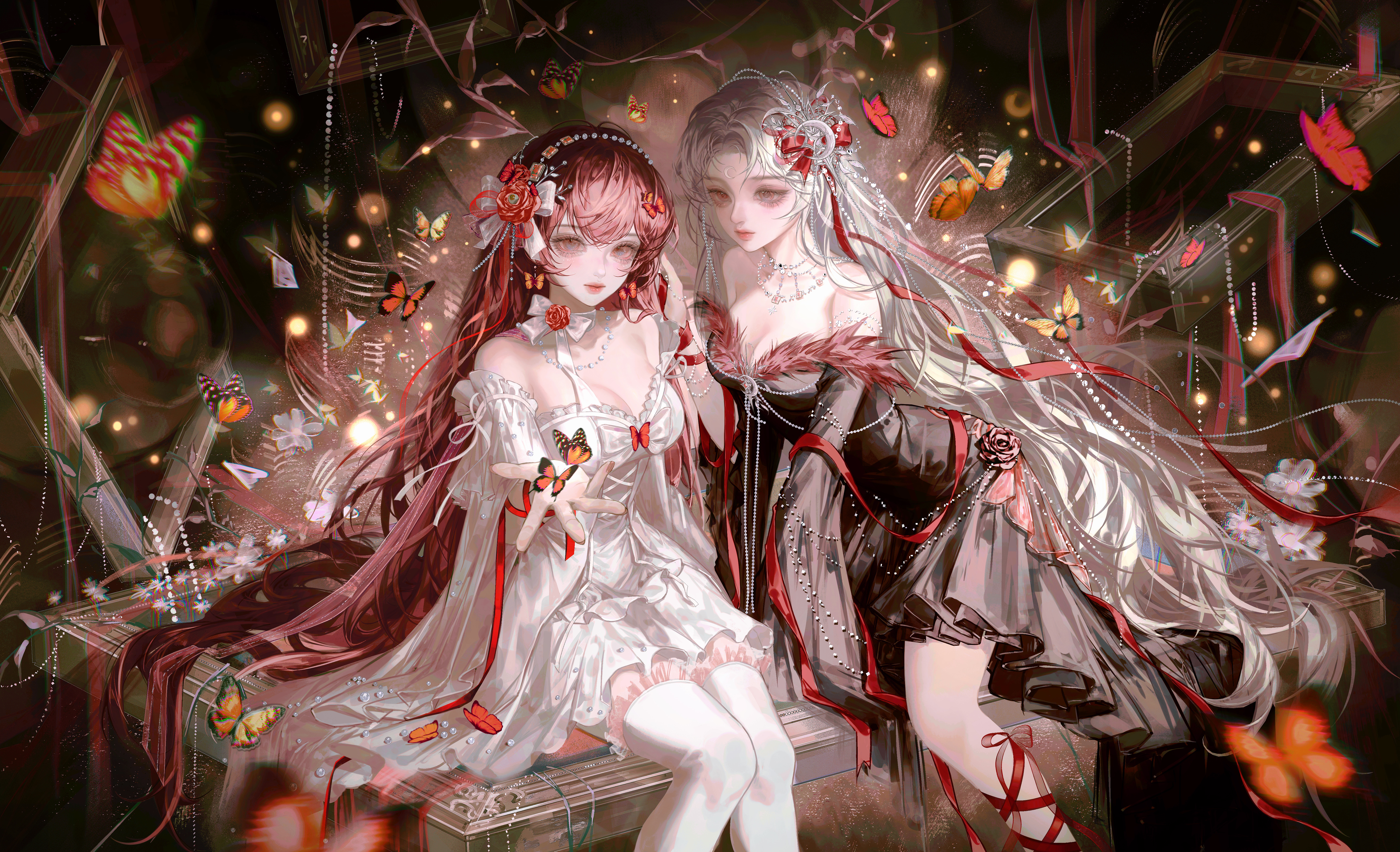gloriash, original, absurdres, highres, 2girls, bare shoulders, black dress, breasts, brown hair, bug, butterfly, cleavage, dress, flower, grey eyes, hair flower, hair ornament, insect, long hair, looking at viewer, multiple girls, red hair, ribbon, sitting, thighhighs, very long hair, white dress, white hair