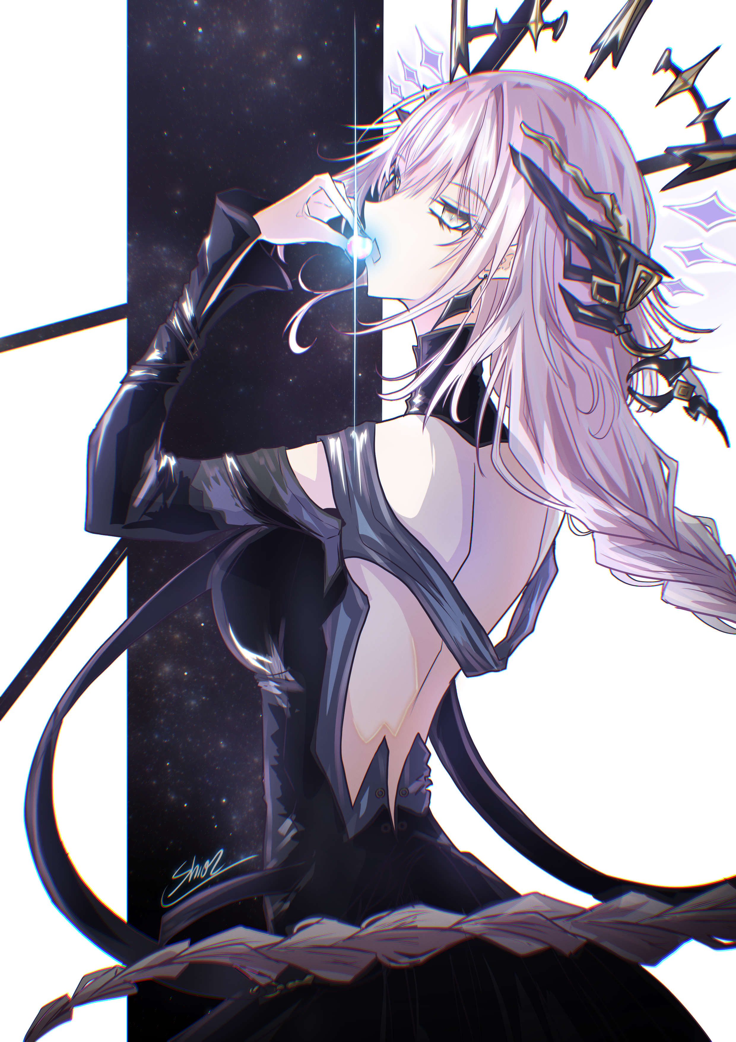 ishmael: parhelion (pgr), ishmael (pgr), punishing: gray raven, absurdres, highres, 1girl, back, black dress, braid, breasts, dress, earrings, grey eyes, hair between eyes, hair ornament, jewelry, long hair, looking at viewer, looking to the side, medium breasts, open mouth, pink hair, shiipuri, signature, single braid, solo, star (sky), white background