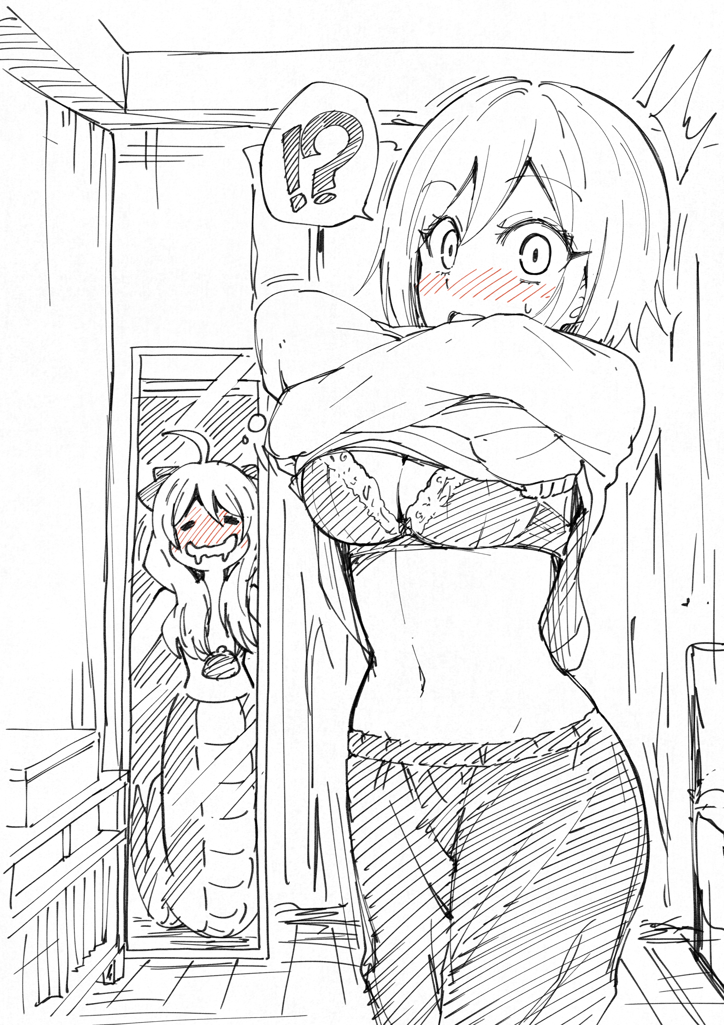 yuuki shushu, jashin-chan, jashin-chan dropkick, absurdres, character request, hashtag-only commentary, highres, !?, 2girls, ^^^, ahoge, blush, bra, breasts, cleavage, clothes lift, coin purse, drooling, full-face blush, greyscale, hair between eyes, hair over breasts, hair ribbon, indoors, lamia, lifting own clothes, long hair, long sleeves, looking at viewer, mirror, monochrome, monster girl, mouth drool, multiple girls, navel, open mouth, pants, ribbon, shirt lift, short hair, smile, solo focus, spoken interrobang, standing, topless female, underwear, undressing